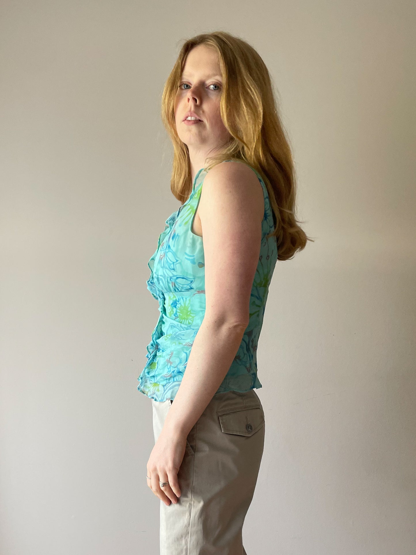 Vintage Turquoise Watercolour Floral 100% Silk Ruffle Top - Small