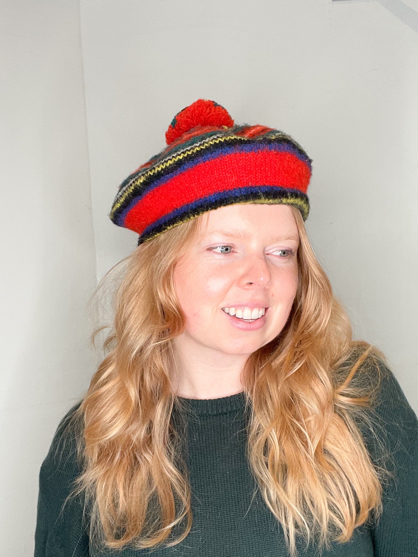 Jaeger Vintage Red Stripe Wool Beret Hat with Pom Pom