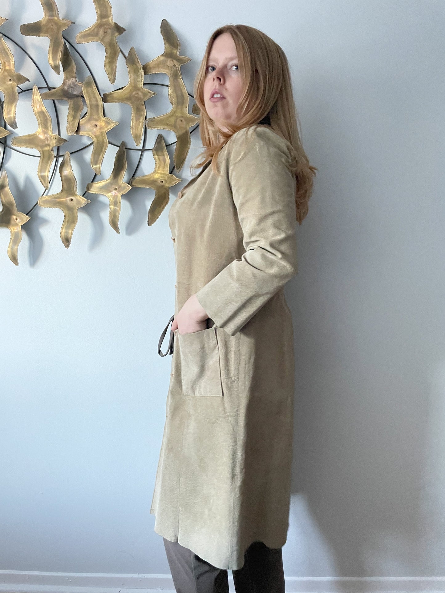 Claudie Pierlot Beige Genuine Suede Mid Length Straight Coat - Small