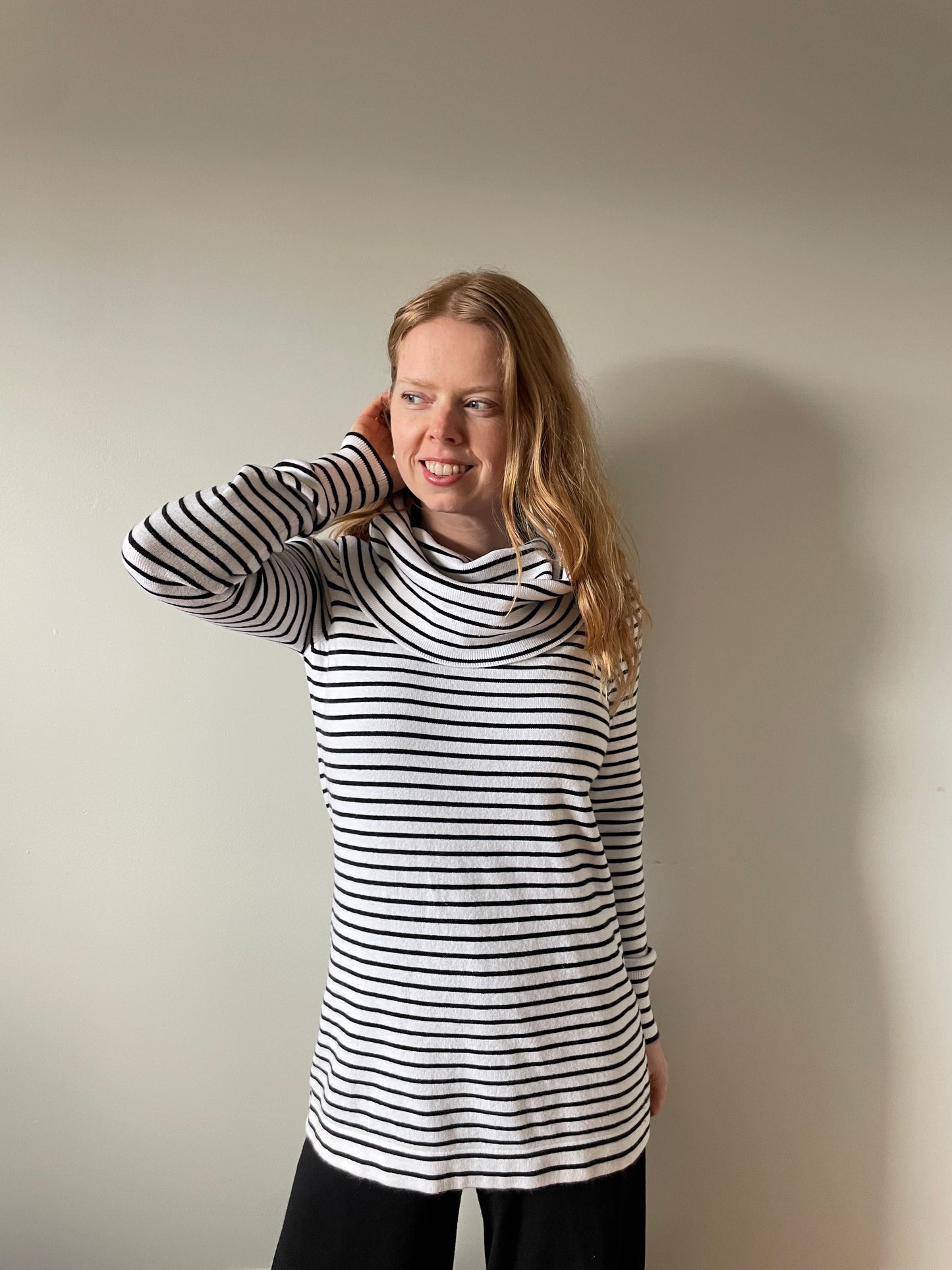 French Connection Black & White Stripe Knit Cowl Neck Sweater – Medium