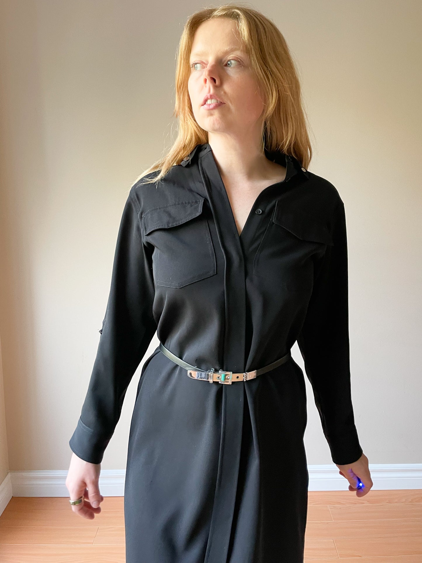 MK Black Button Front Collared Utilitarian Dress - XS