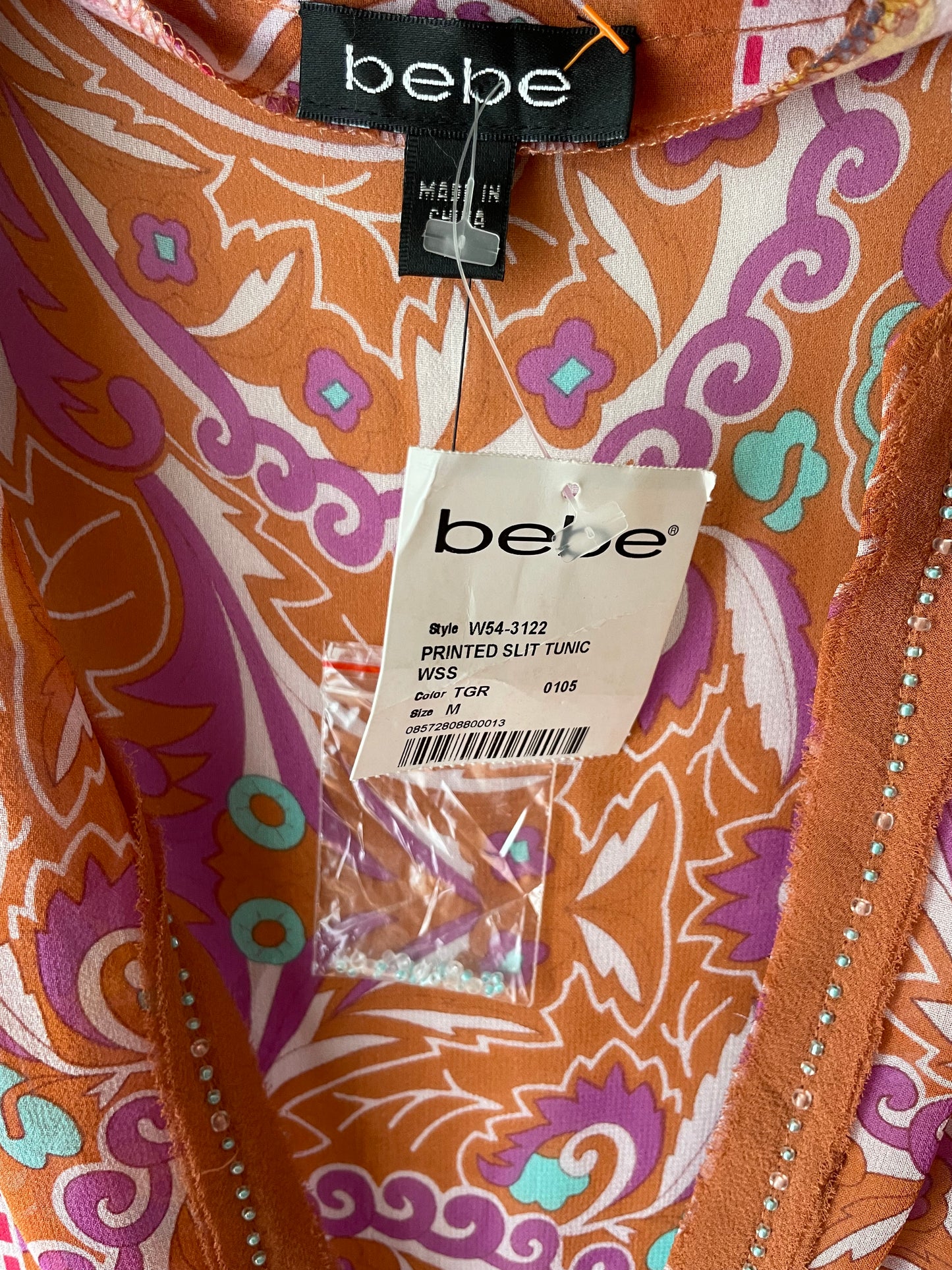 bebe Tangerine Multicolour 100% Silk Boho Paisley Deep V Tunic Dress – Size Medium (NWT)