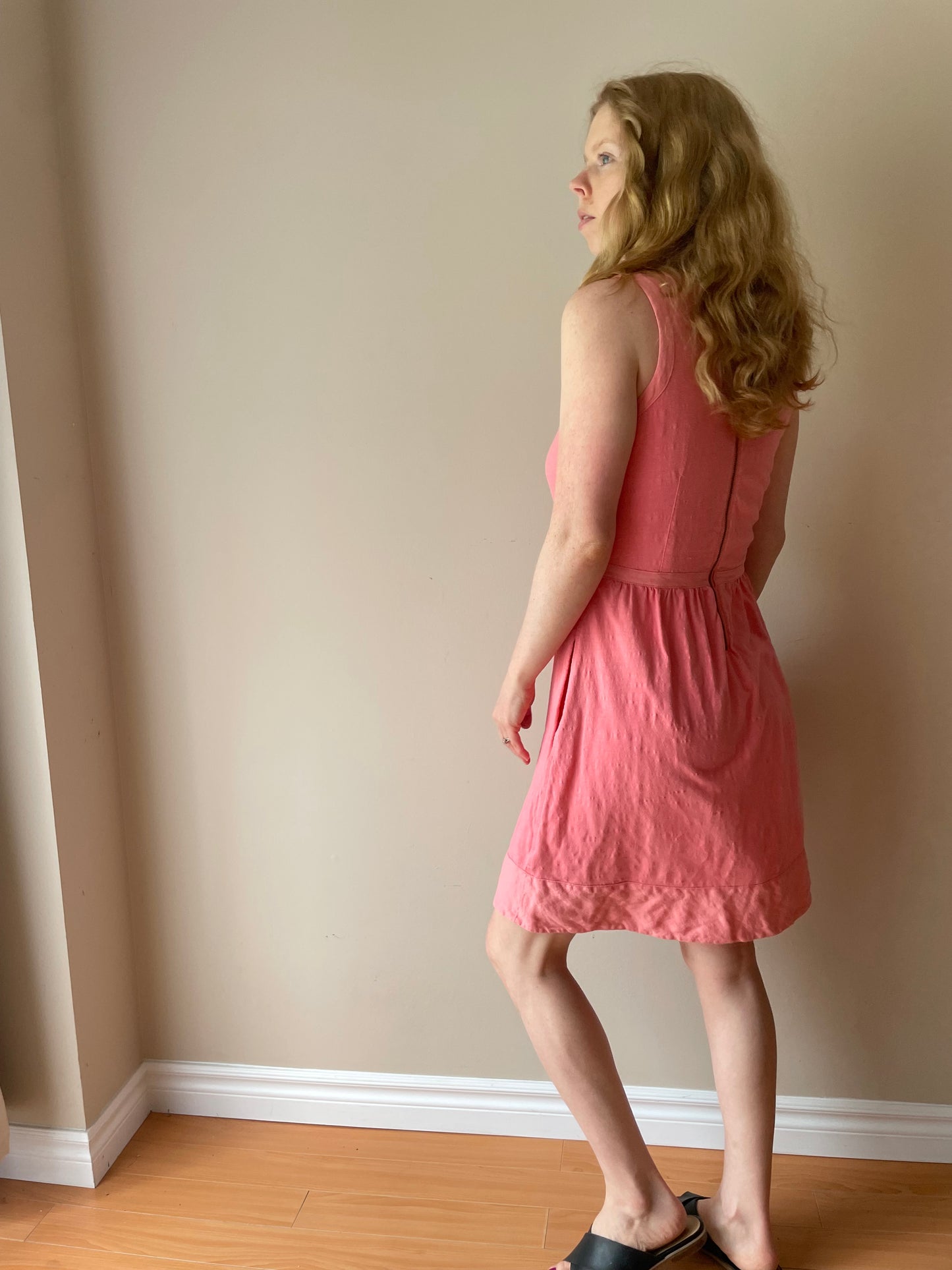J. Crew Coral Pink 100% Cotton Fit & Flare Dress with Linen Trim – Size XS