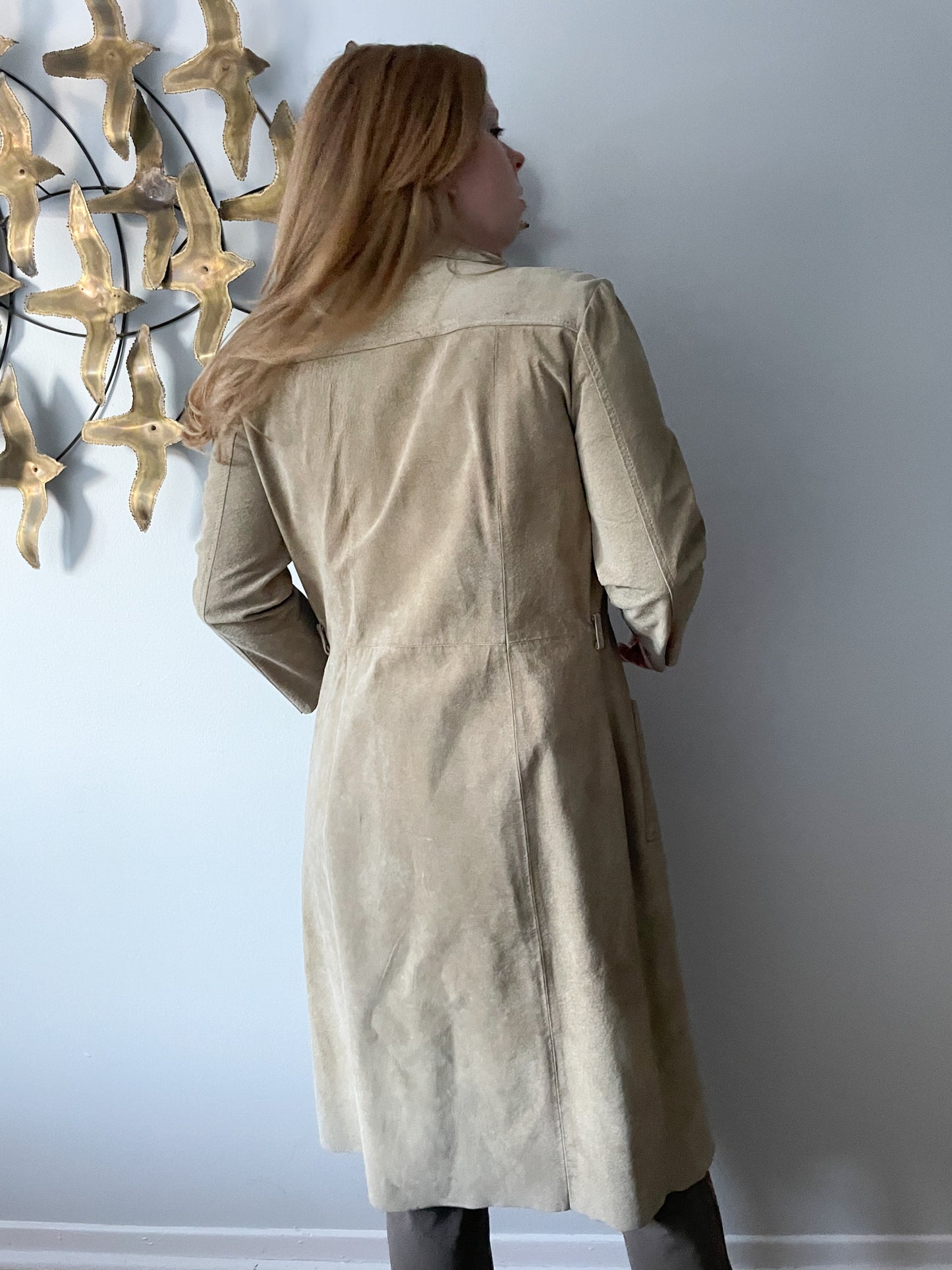 Claudie Pierlot Beige Genuine Suede Mid Length Straight Coat - Small