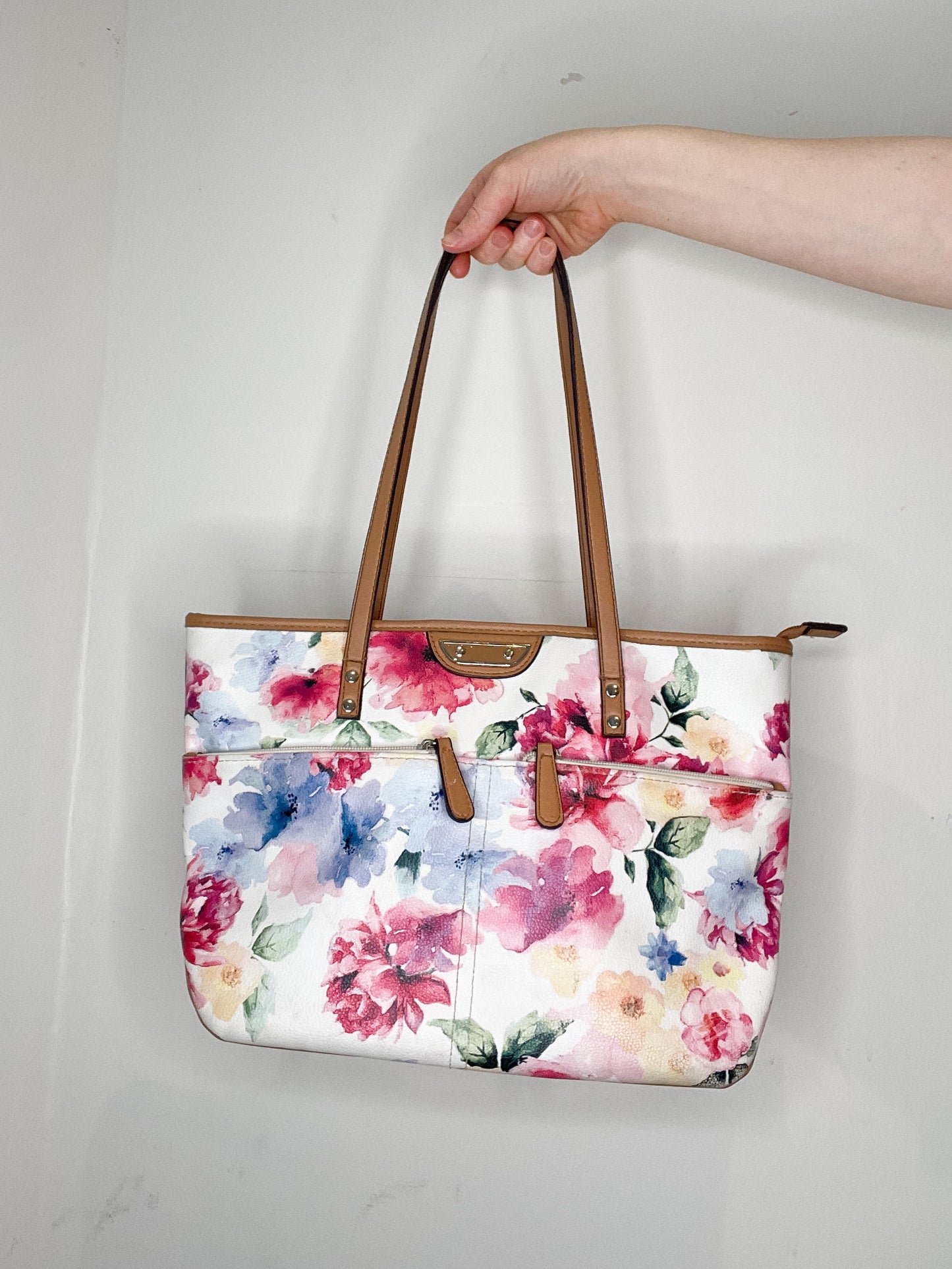 Pink Floral Zipper Tote Bag