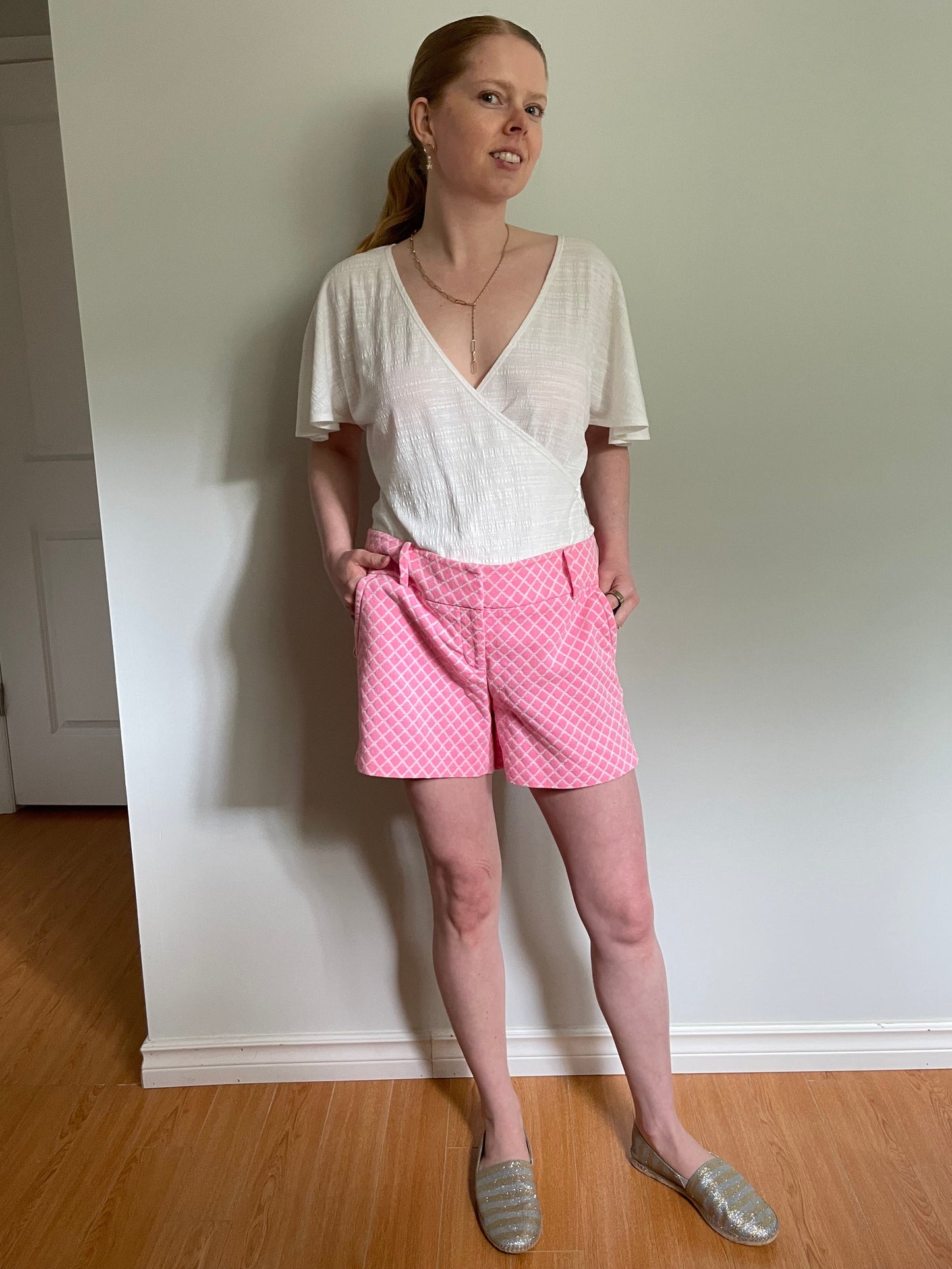 White Textured Wrap-Front Flutter-Sleeve Top – Medium/Large