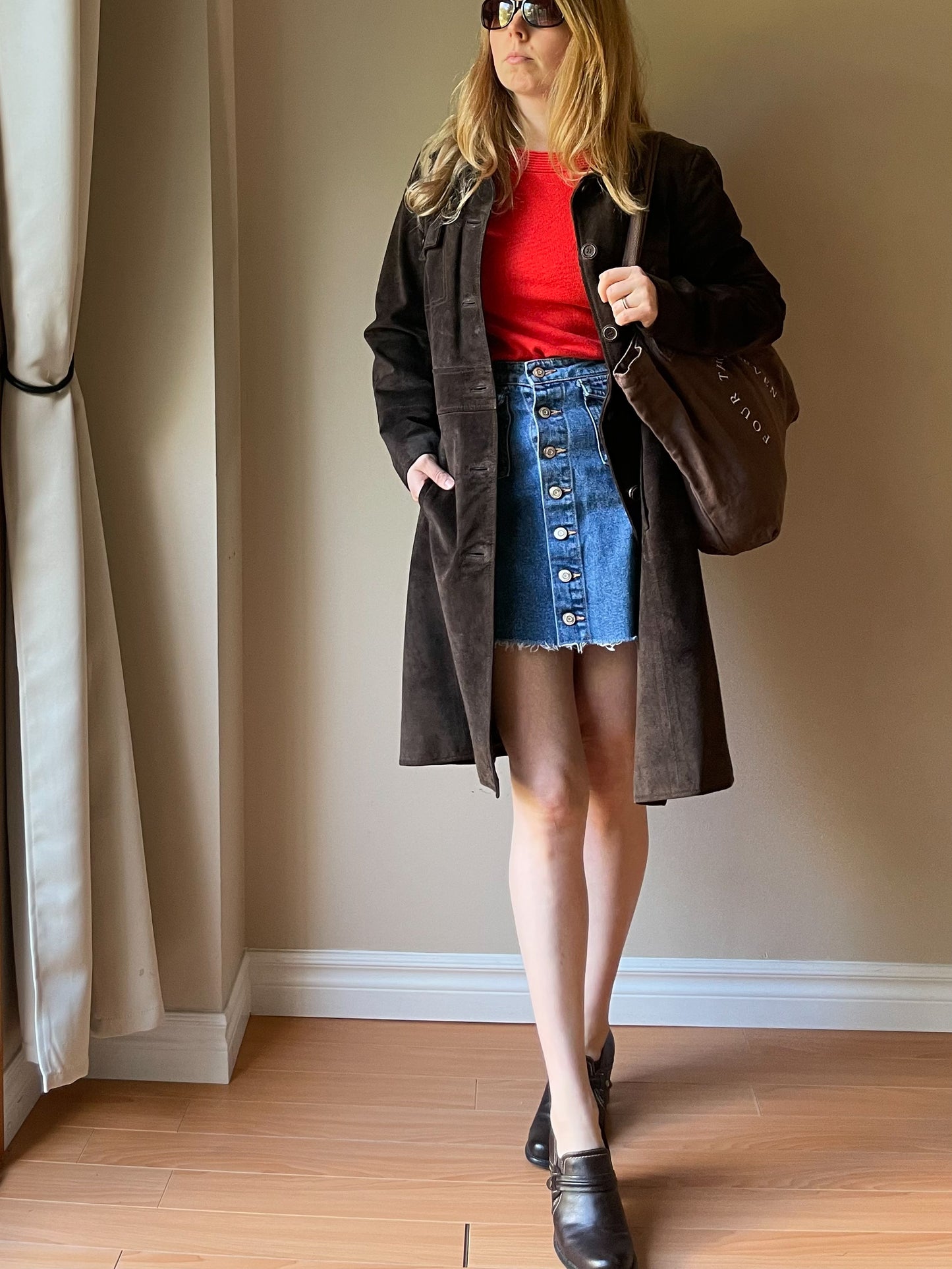 M&S Chocolate Brown Genuine Suede Mid Length Jacket - S/M