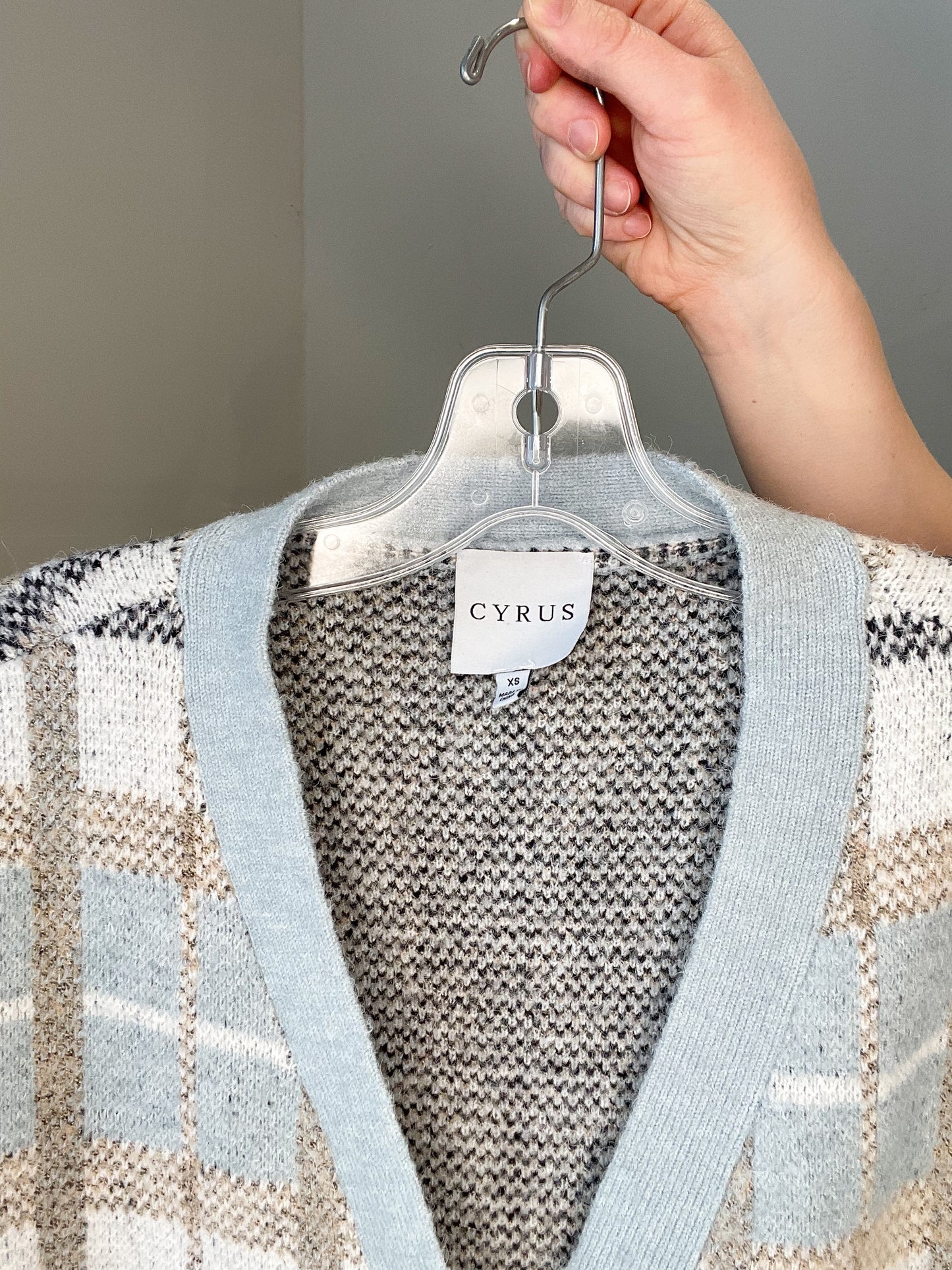 CYRUS Pastel Blue Taupe Plaid Long Button Front Cardigan - XS/S