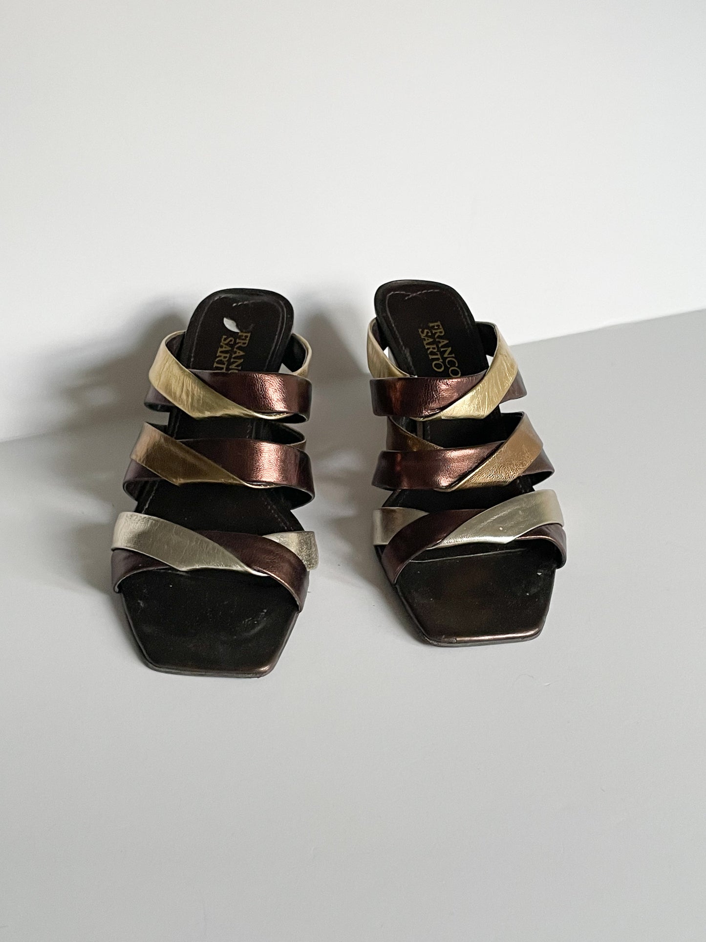 Franco Sarto Leather Bronze Silver Gold Strap Square Toe Wedge Heel Sandals - Size 6.5