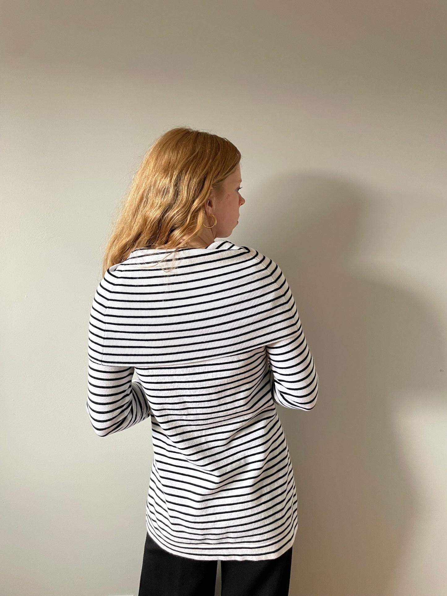 French Connection Black & White Stripe Knit Cowl Neck Sweater – Medium