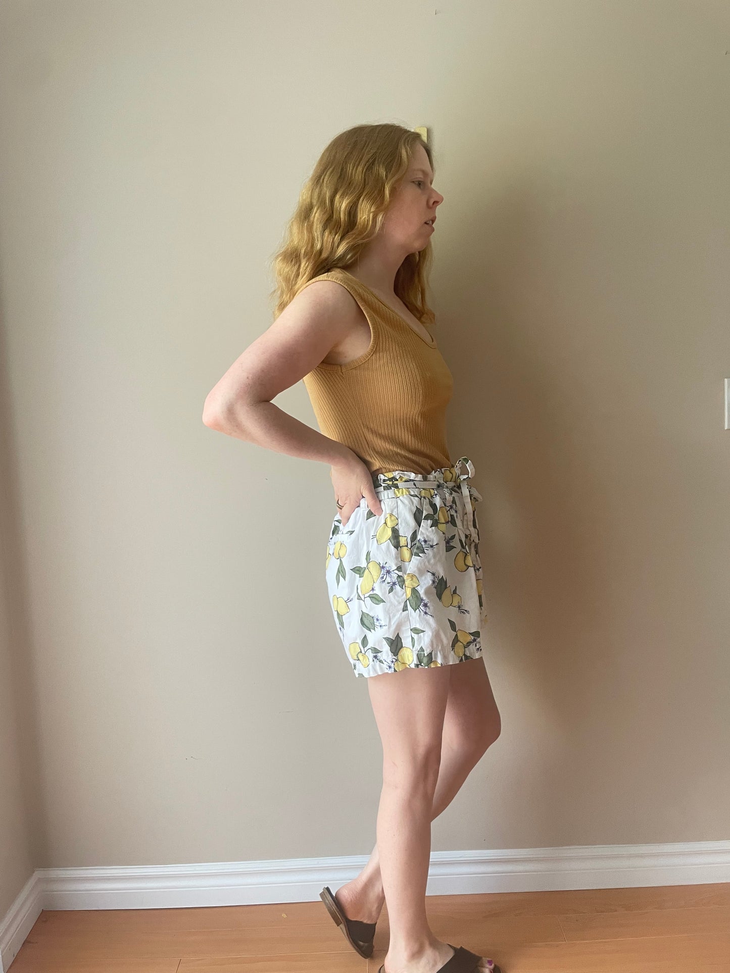 Lemon Print White Cotton Paper Bag Shorts - Size 10