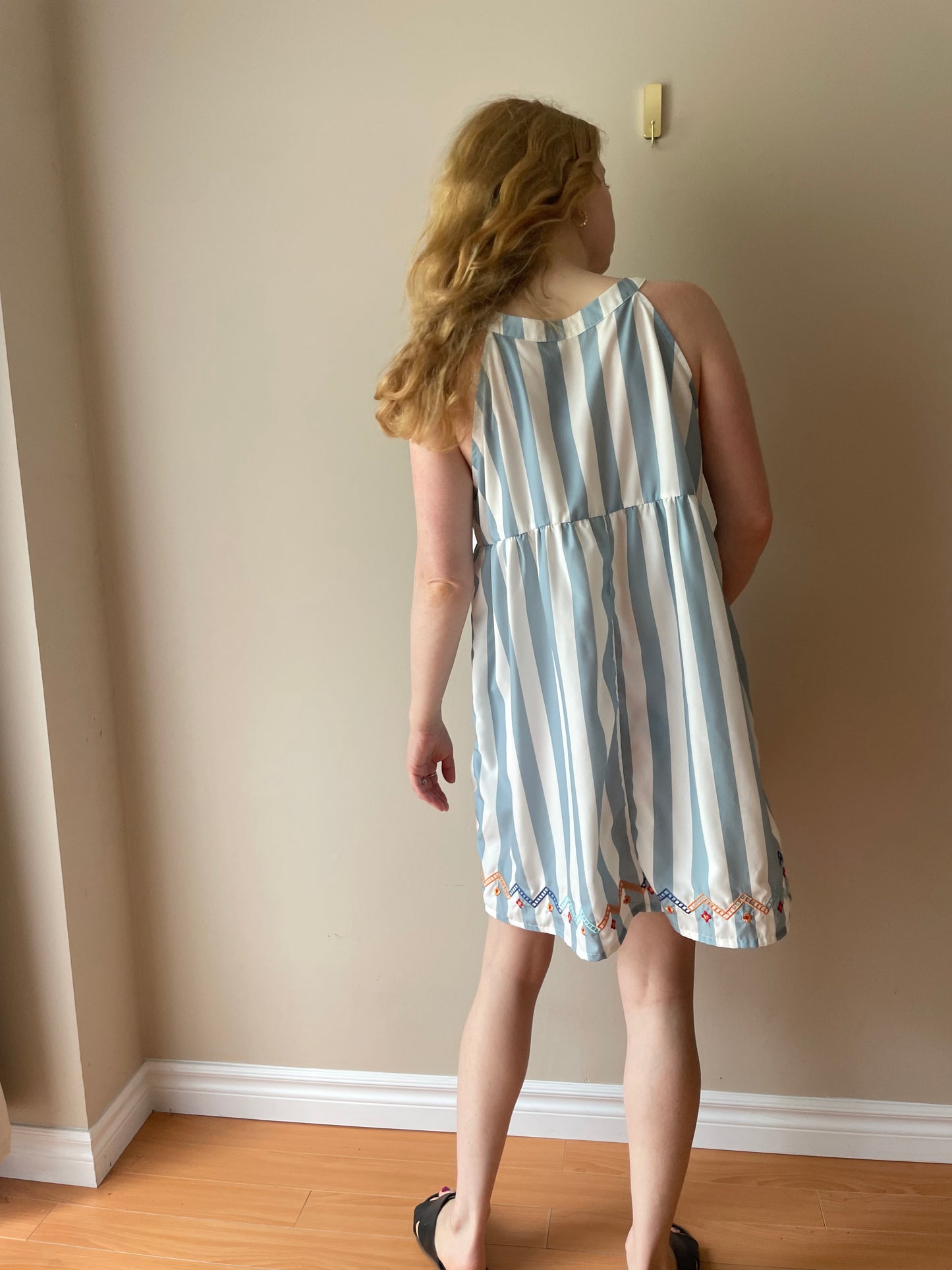 Belinda Baby Blue & White Striped Embroidered Sleeveless Dress – Size Medium