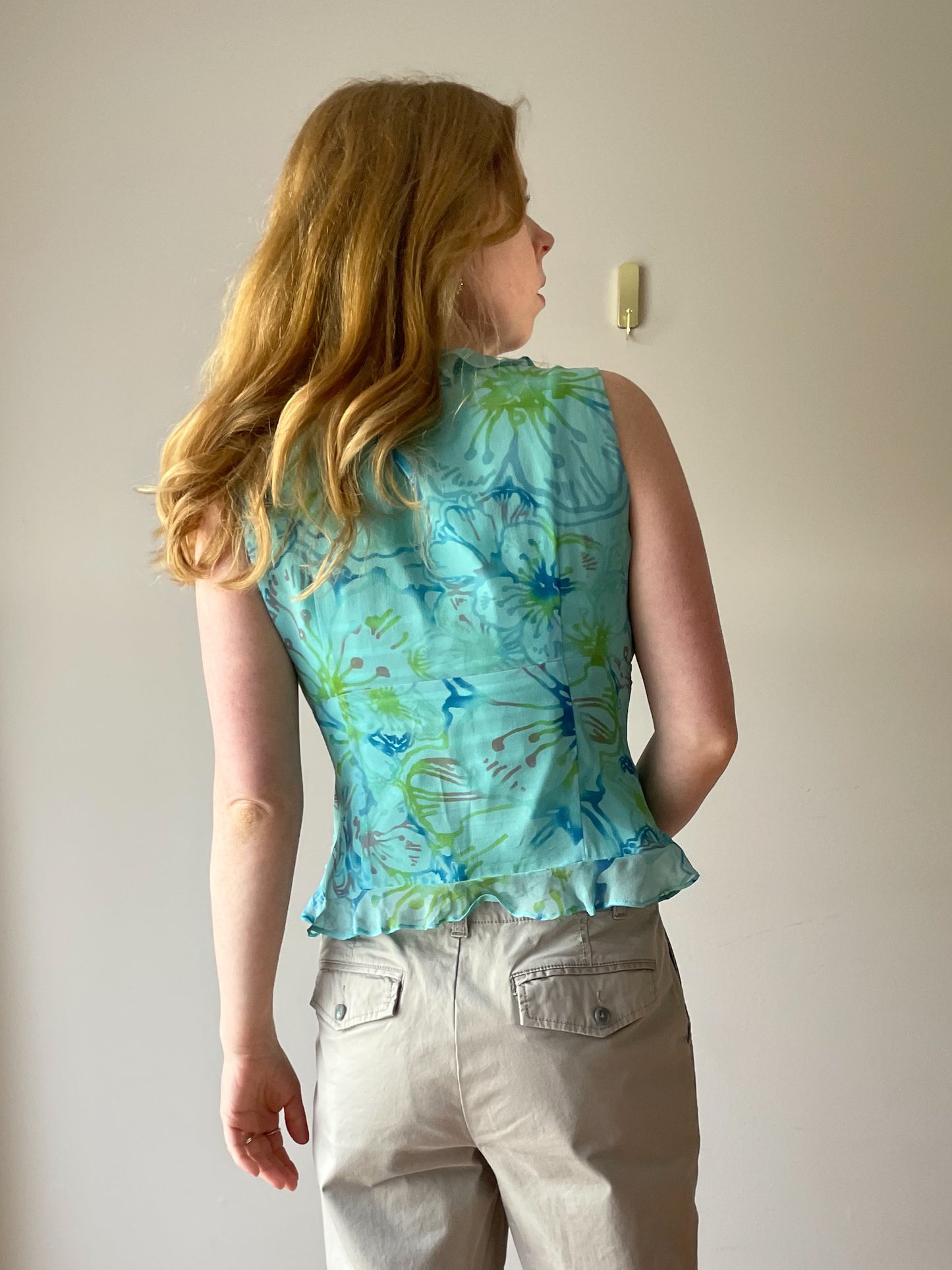 Vintage Turquoise Watercolour Floral 100% Silk Ruffle Top - Small