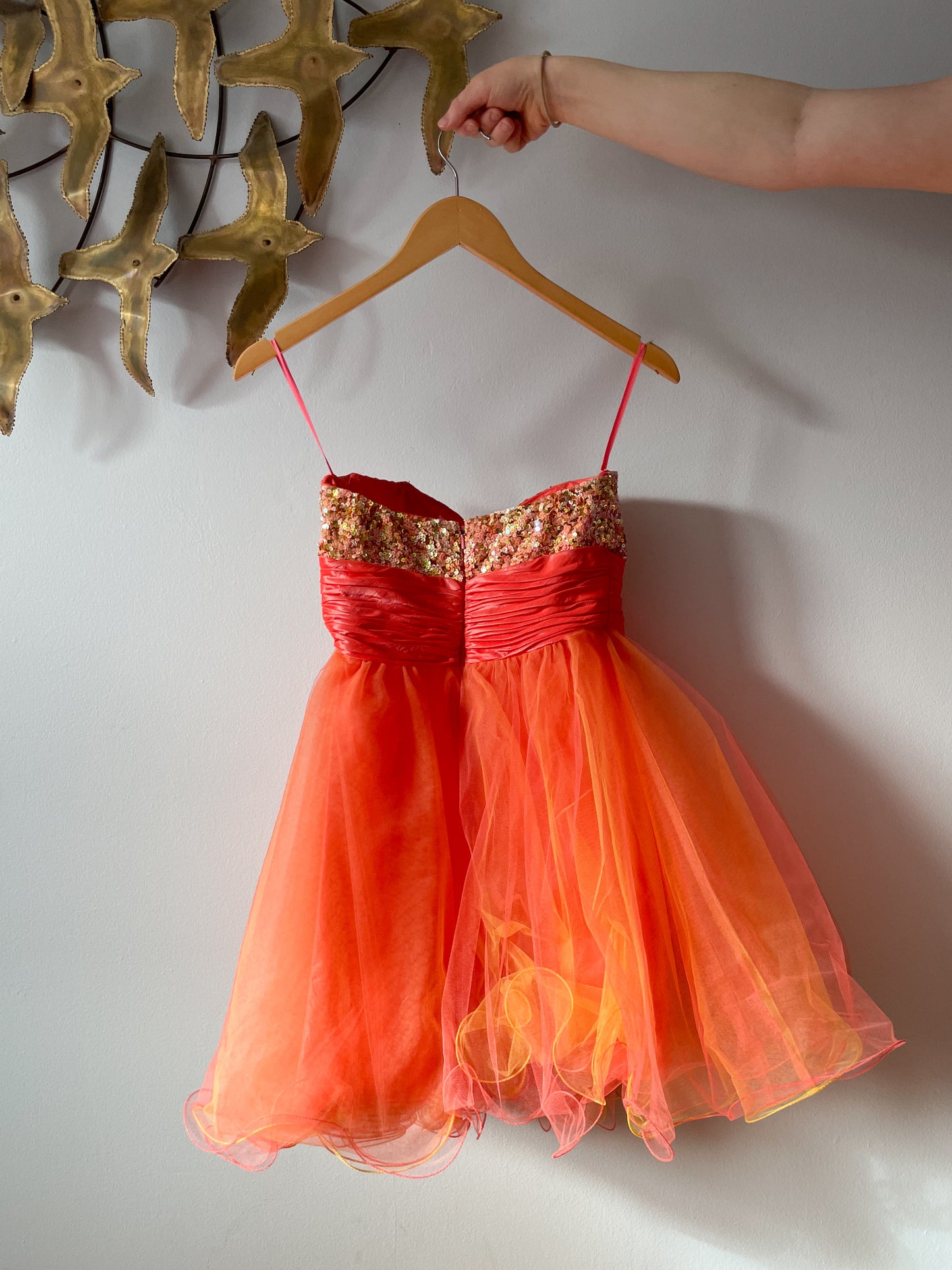 Aspeed Orange Tulle Ruffle Hand Beaded Sweetheart Dress - Size 4