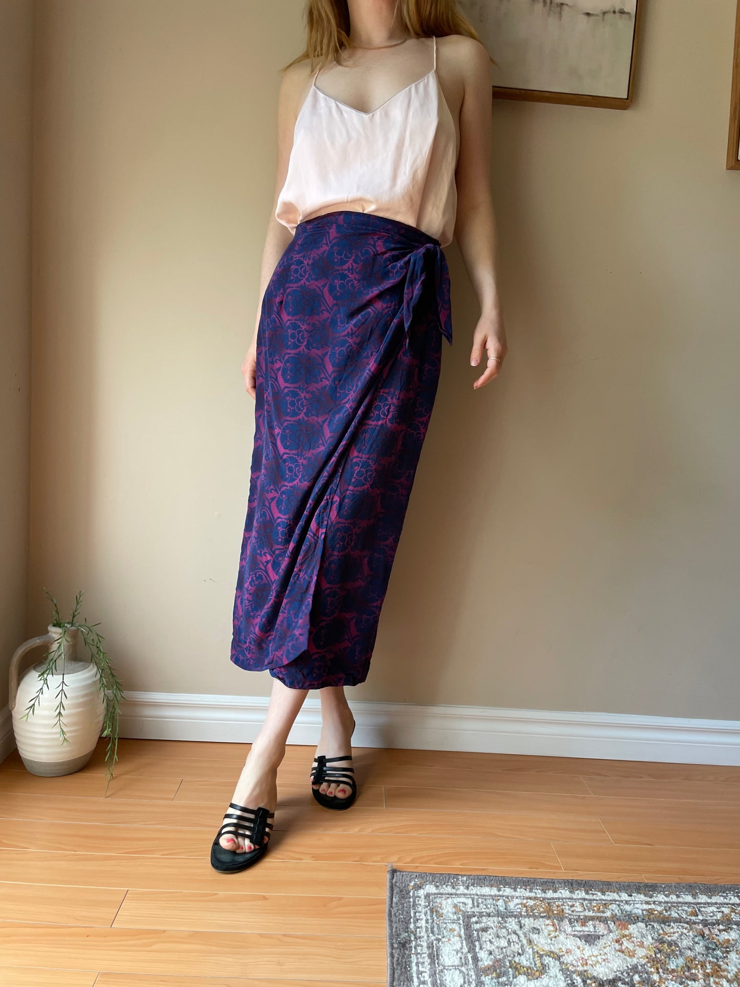 Vintage Rena Rowan 100% Silk Magenta & Navy Wrap Skirt – Small