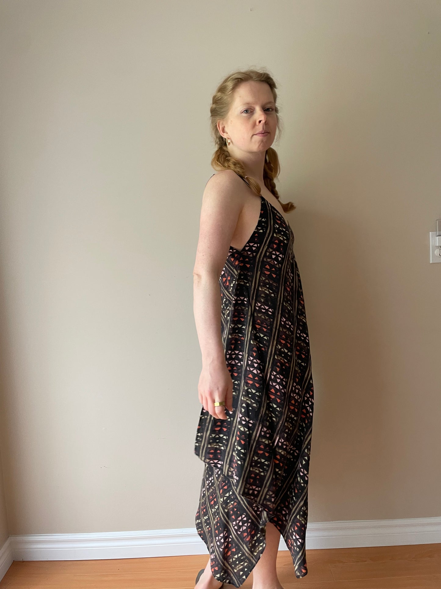 Anthropologie Black Multi Abstract 100% Silk Handkerchief Hem Dress – Size Medium