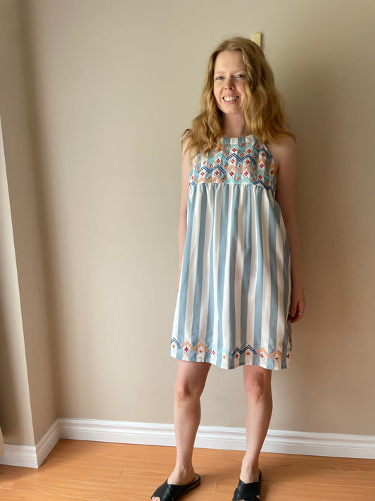 Belinda Baby Blue & White Striped Embroidered Sleeveless Dress – Size Medium