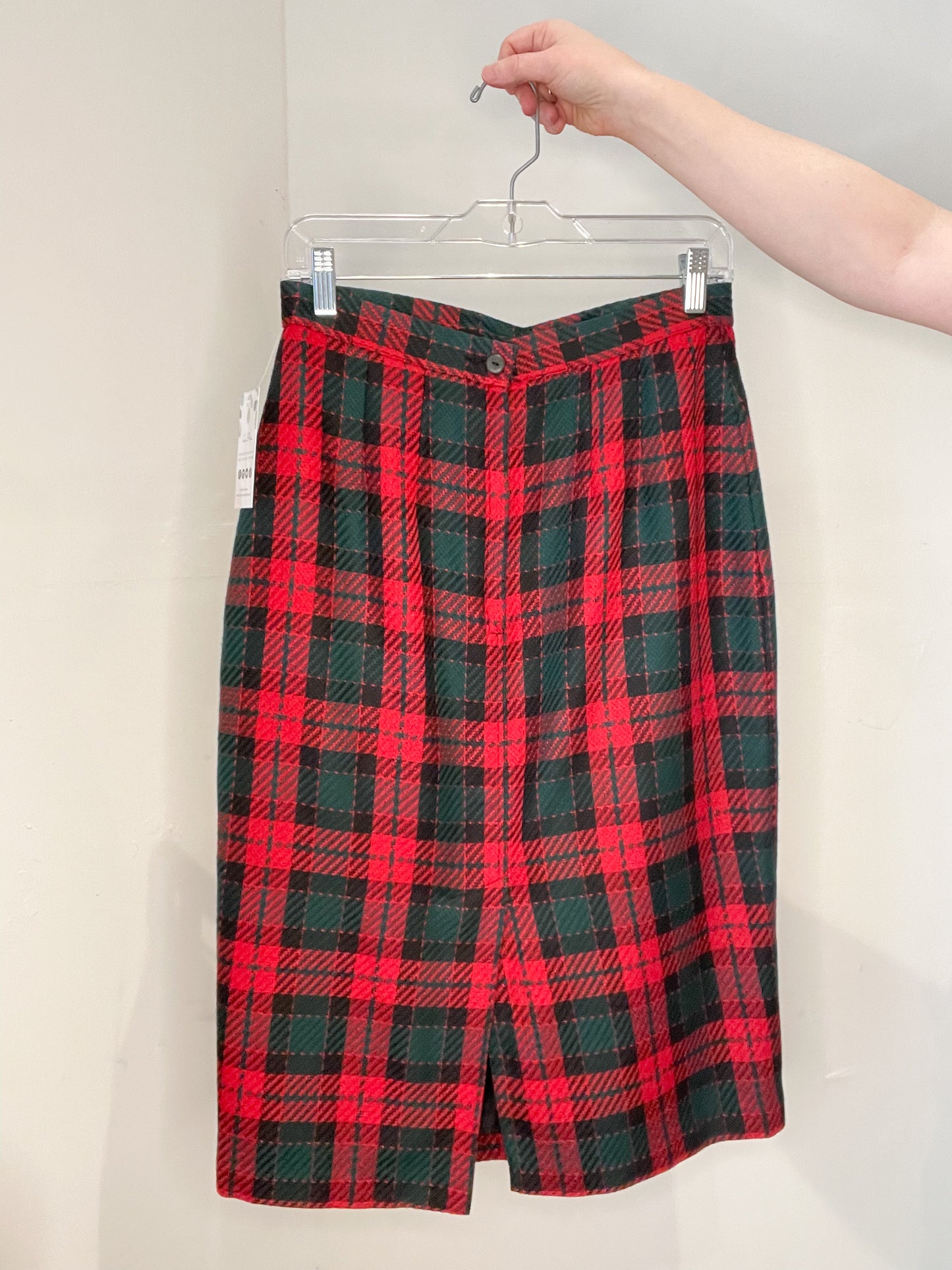 Vintage Marks & Spencer Red Plaid Wool Blend Midi Pencil Skirt - Small