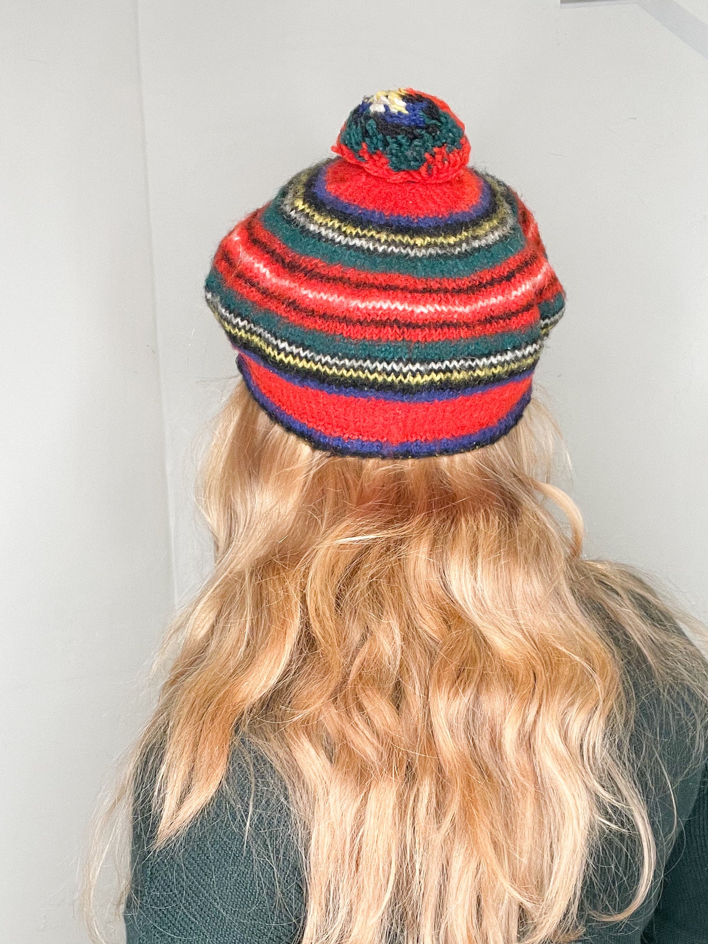 Jaeger Vintage Red Stripe Wool Beret Hat with Pom Pom