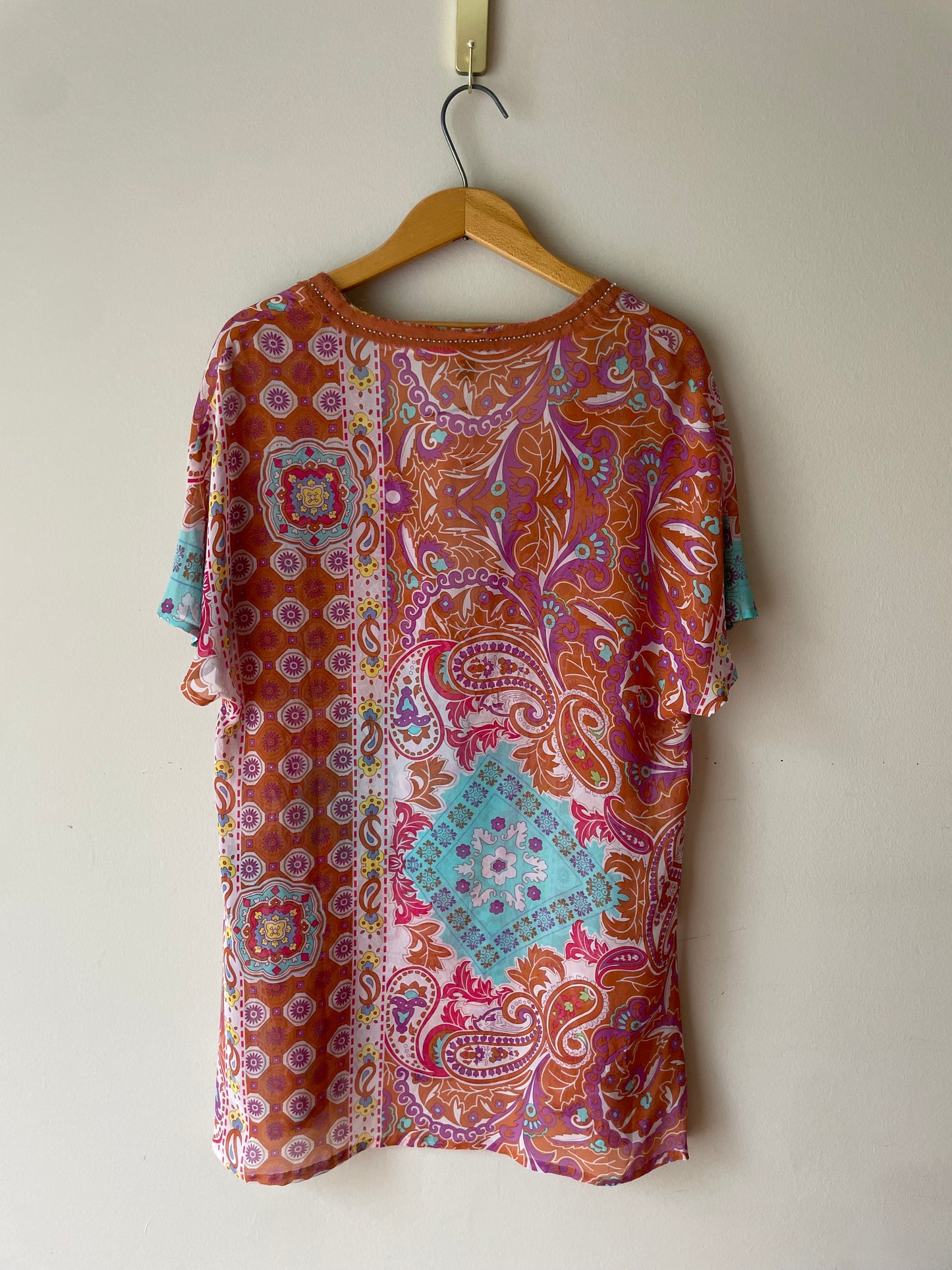 bebe Tangerine Multicolour 100% Silk Boho Paisley Deep V Tunic Dress – Size Medium (NWT)