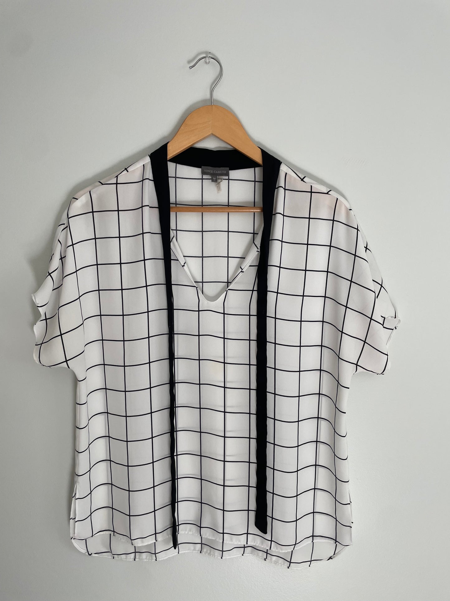 Vince Camuto White & Black Windowpane Tie-Neck Blouse – Medium