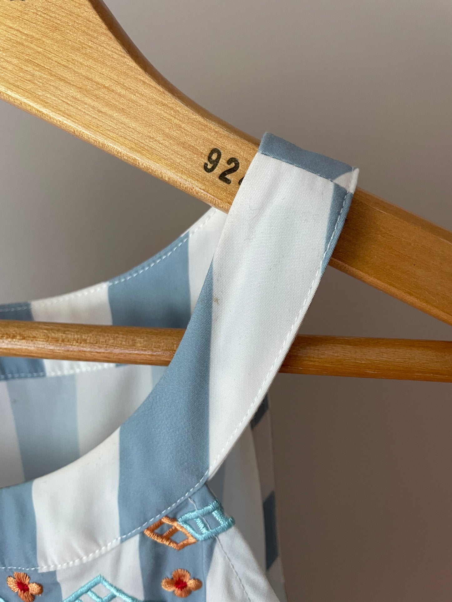 Belinda Baby Blue & White Striped Embroidered Sleeveless Dress – Size Medium