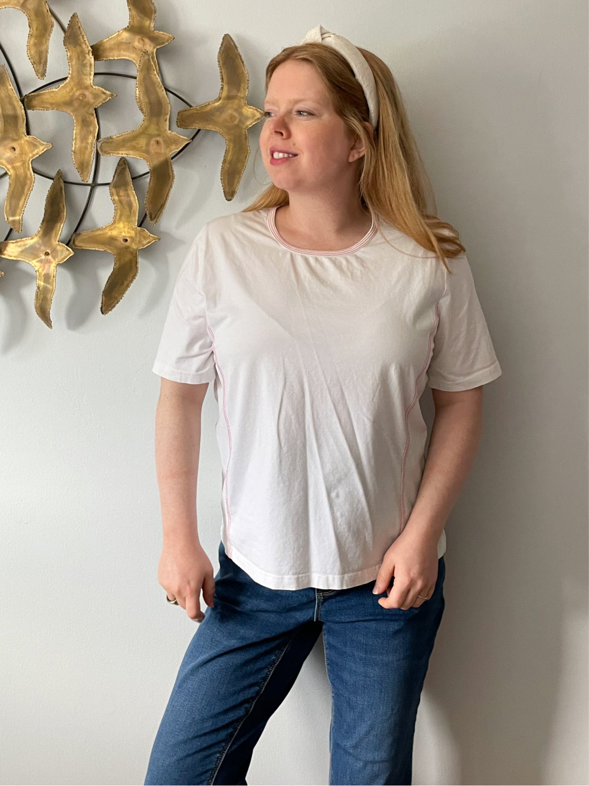 Lucia White Cotton Stretch Pink Stitched T-Shirt - Size 14