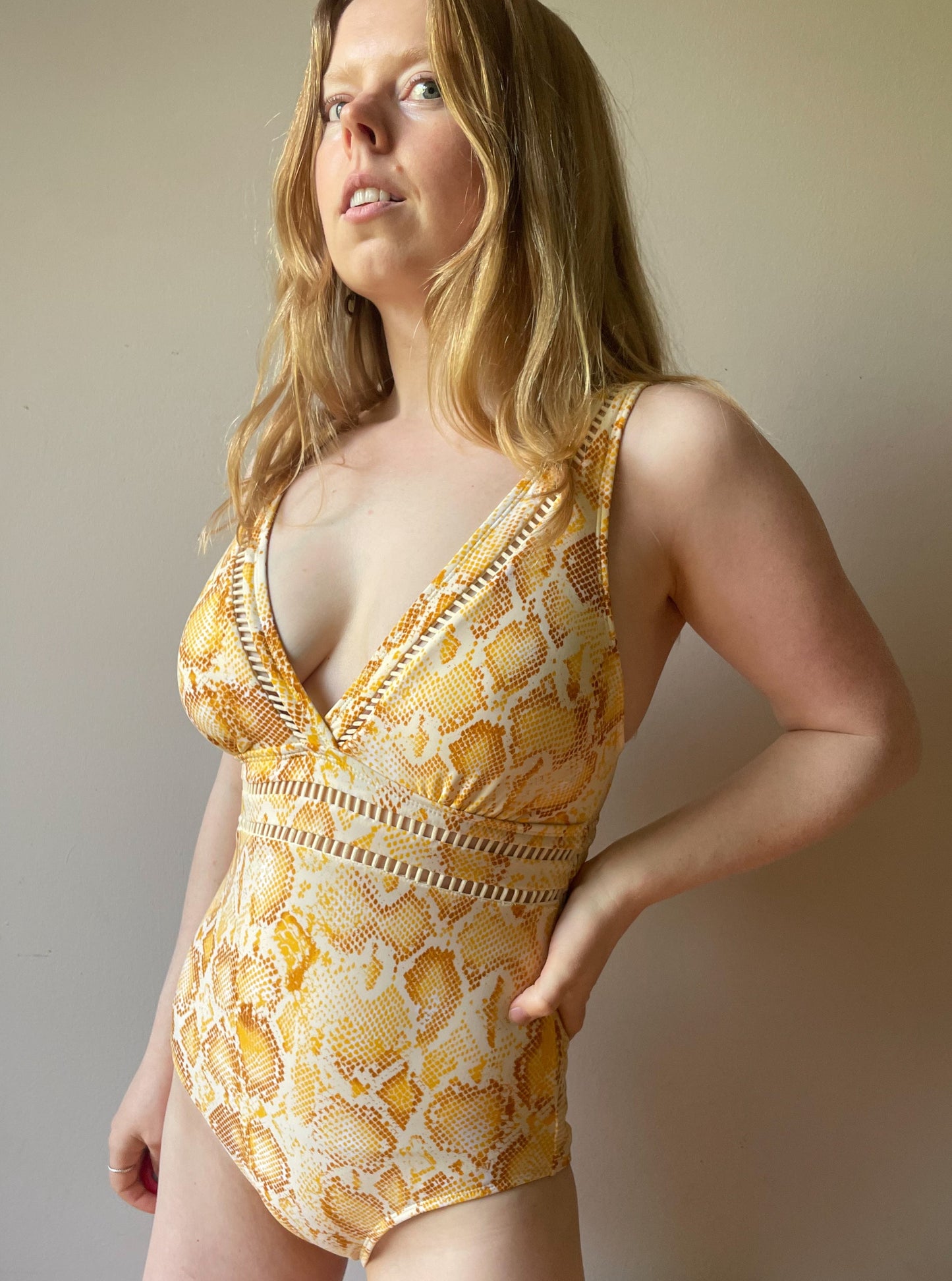 Burnt Orange Cutout V-Neck Snakeprint One Piece Swimsuit Bodysuit NWOT - Size 6