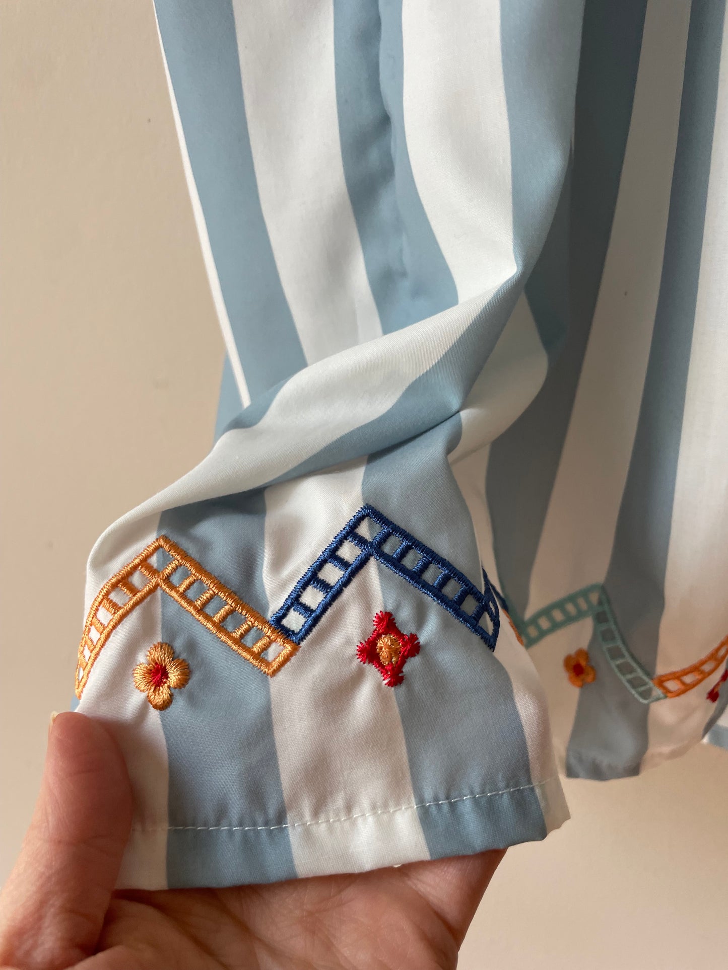 Belinda Baby Blue & White Striped Embroidered Sleeveless Dress – Size Medium