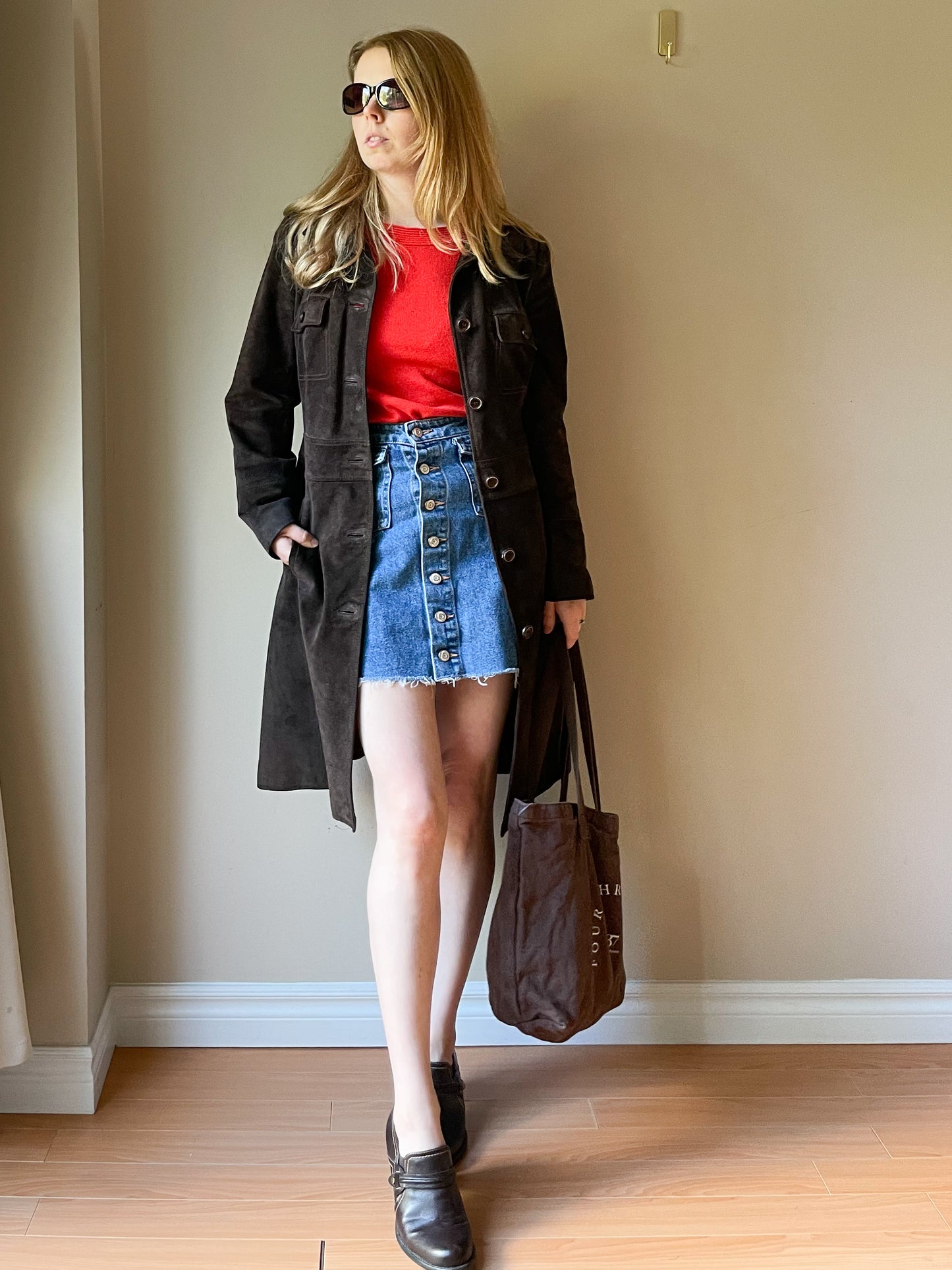 M&S Chocolate Brown Genuine Suede Mid Length Jacket - S/M