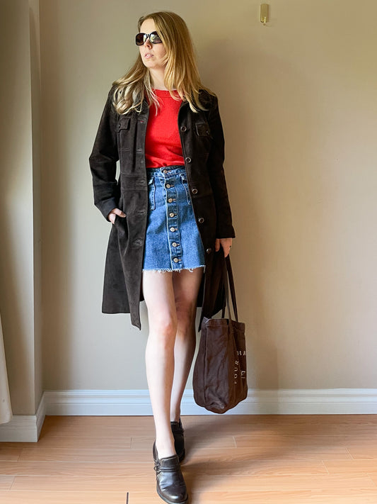 M&S Chocolate Brown Genuine Suede Mid Length Jacket - S/M