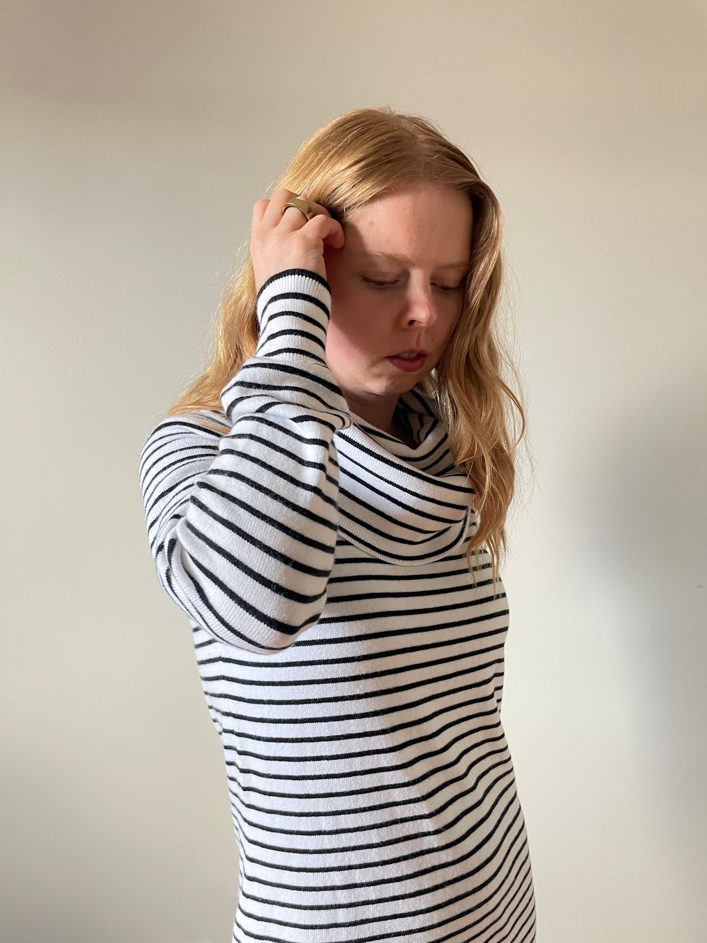 French Connection Black & White Stripe Knit Cowl Neck Sweater – Medium