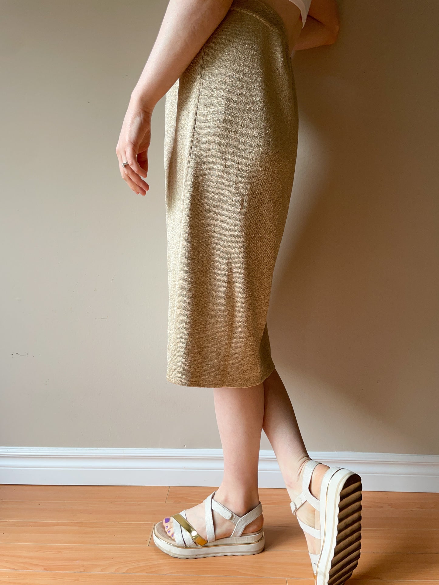 Vintage Spanner Gold Metallic Knit Skirt - Large