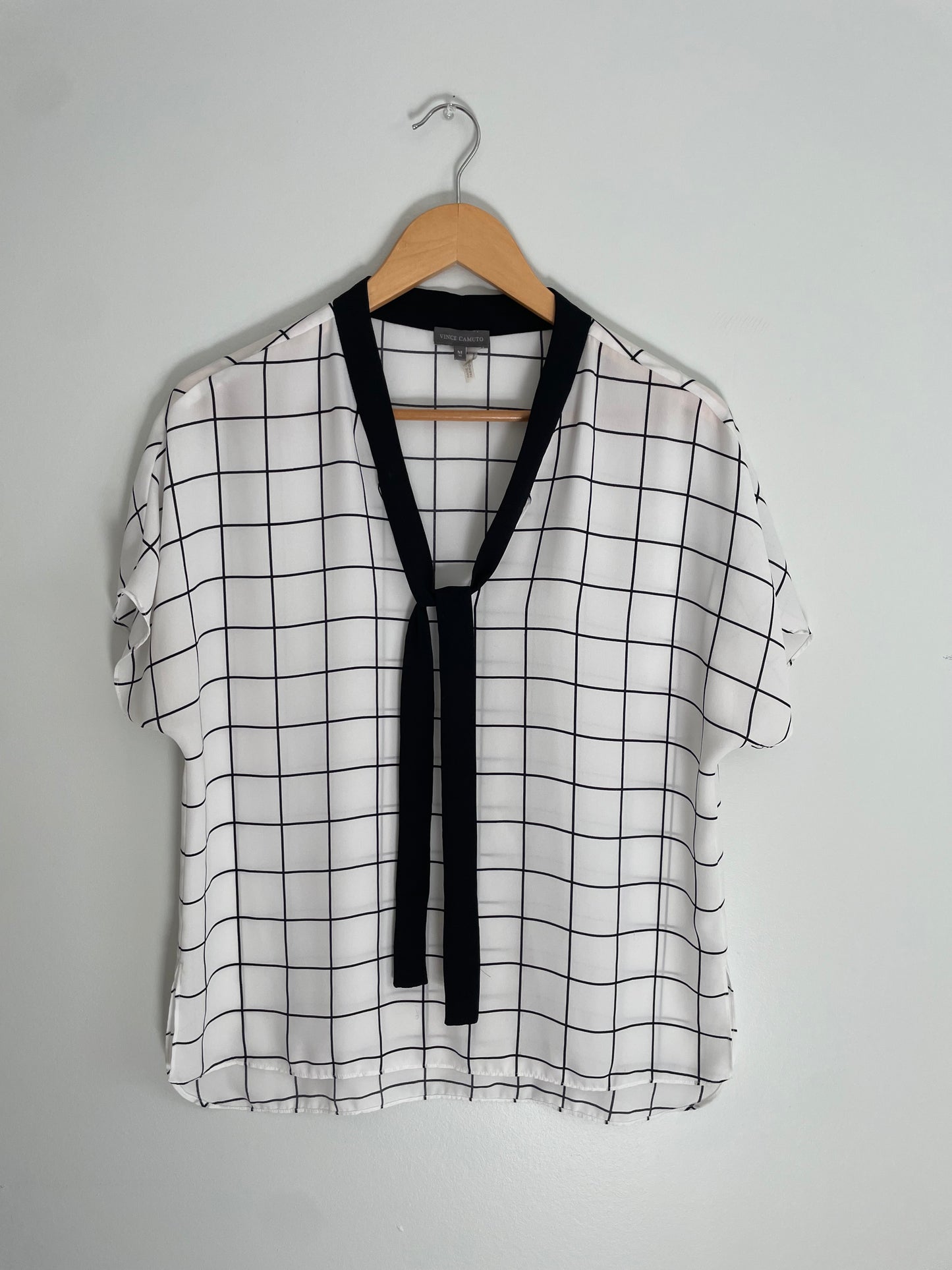 Vince Camuto White & Black Windowpane Tie-Neck Blouse – Medium