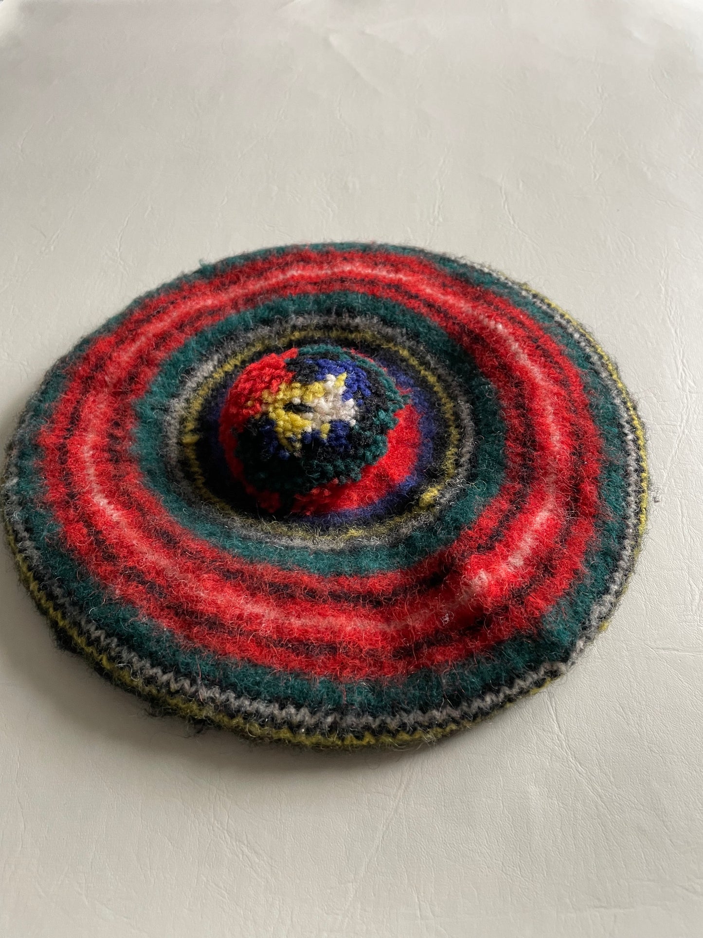 Jaeger Vintage Red Stripe Wool Beret Hat with Pom Pom