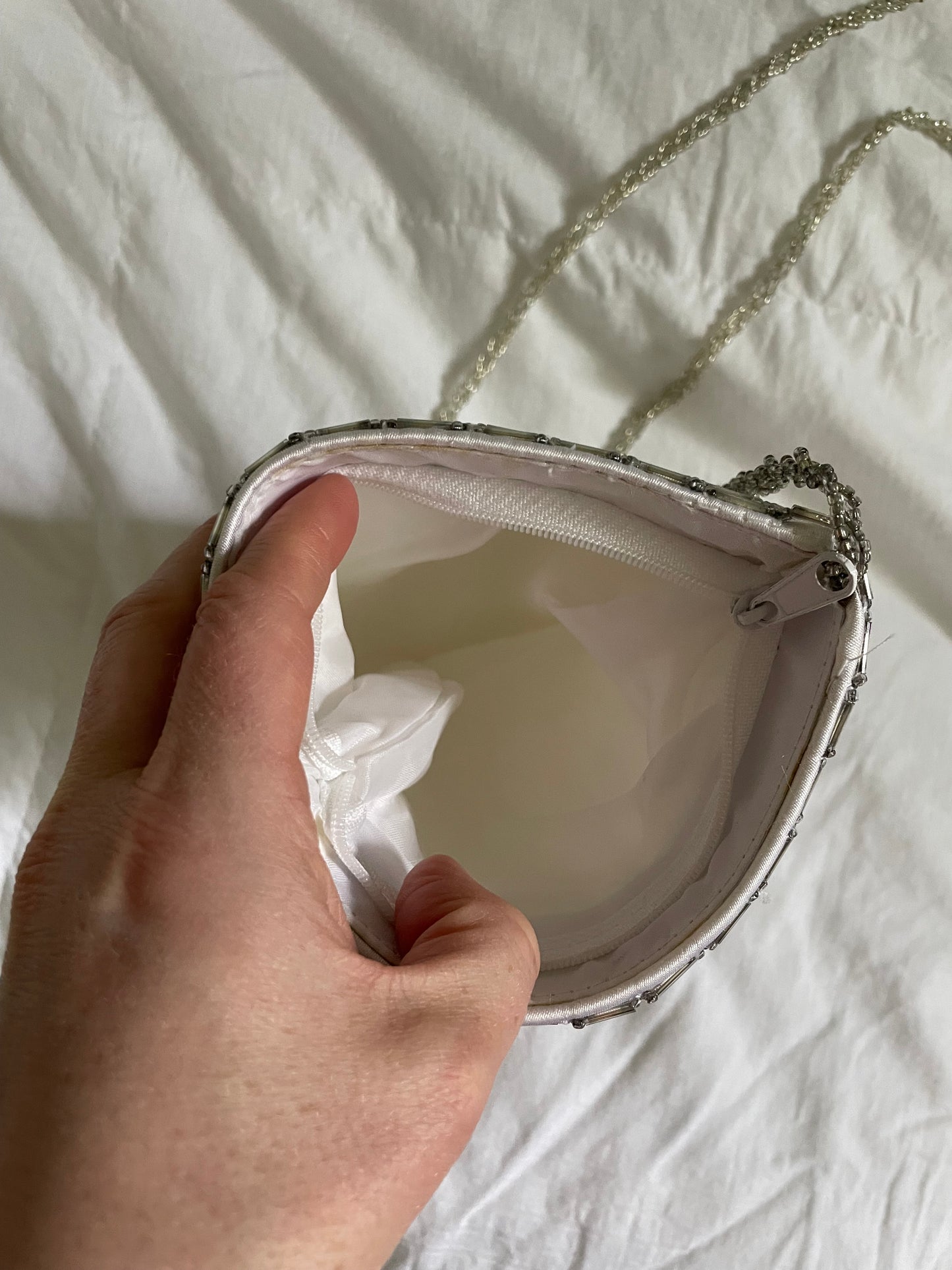 Silver Satin Beaded Mesh Shoulder Bag
