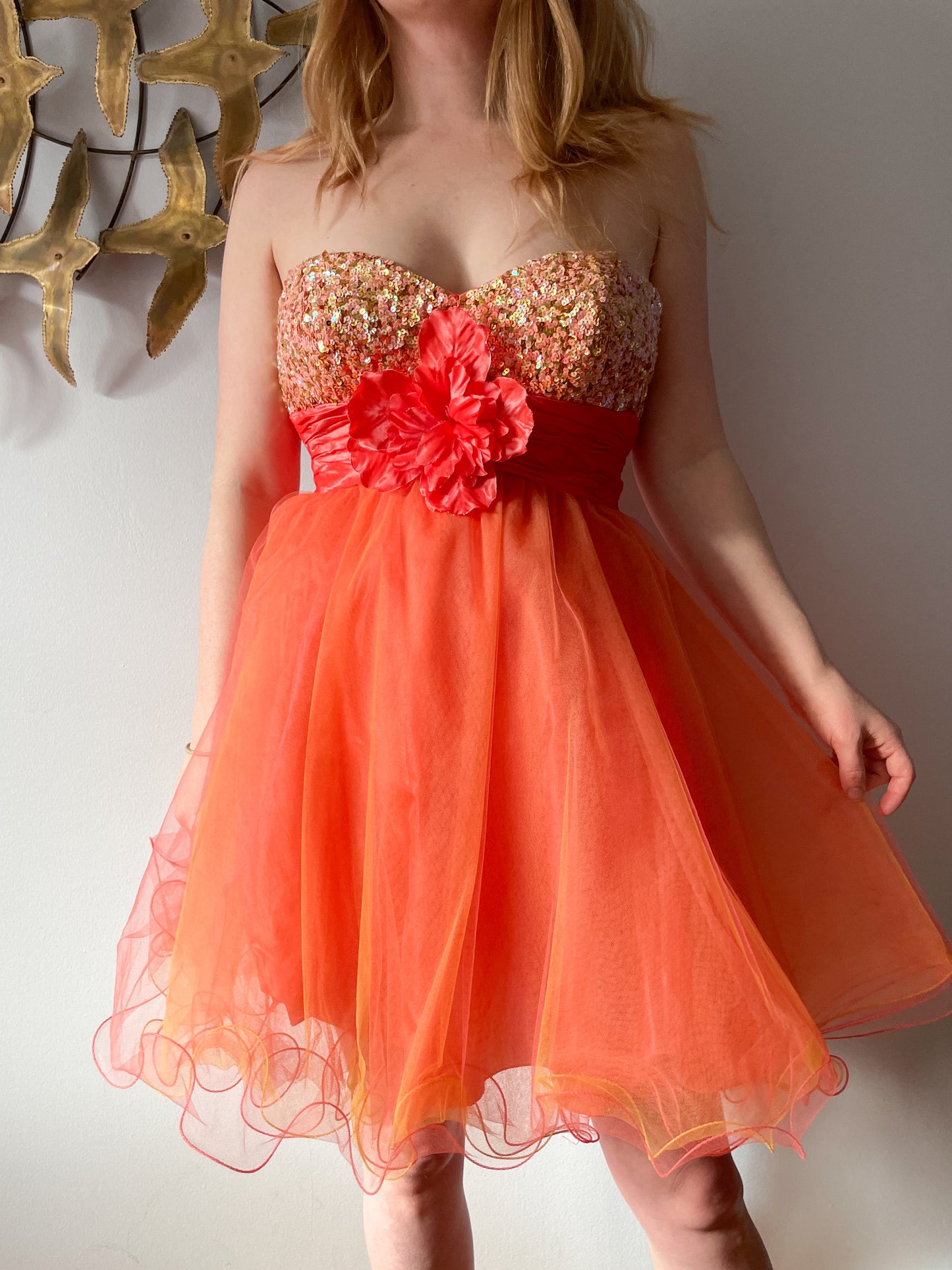 Aspeed Orange Tulle Ruffle Hand Beaded Sweetheart Dress - Size 4