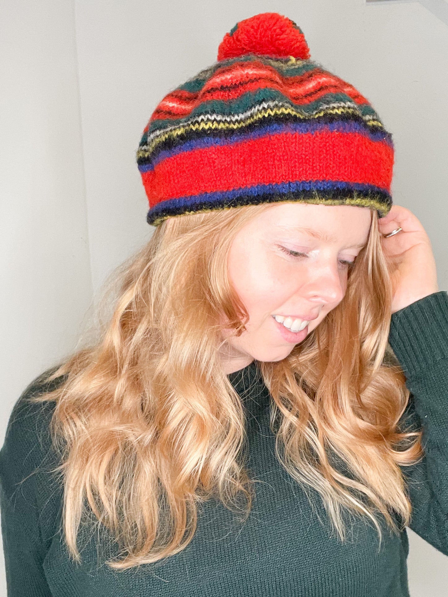 Jaeger Vintage Red Stripe Wool Beret Hat with Pom Pom