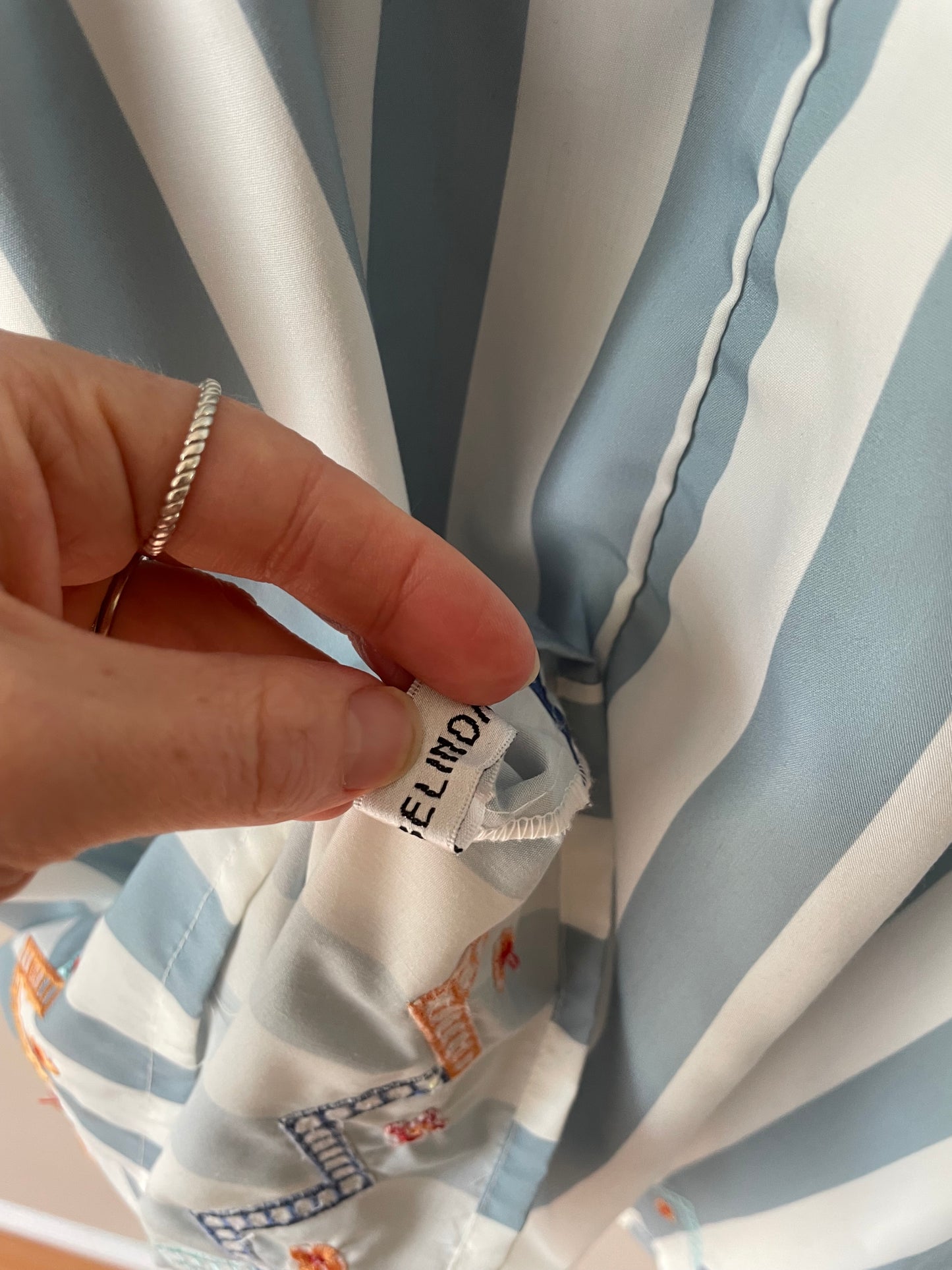 Belinda Baby Blue & White Striped Embroidered Sleeveless Dress – Size Medium
