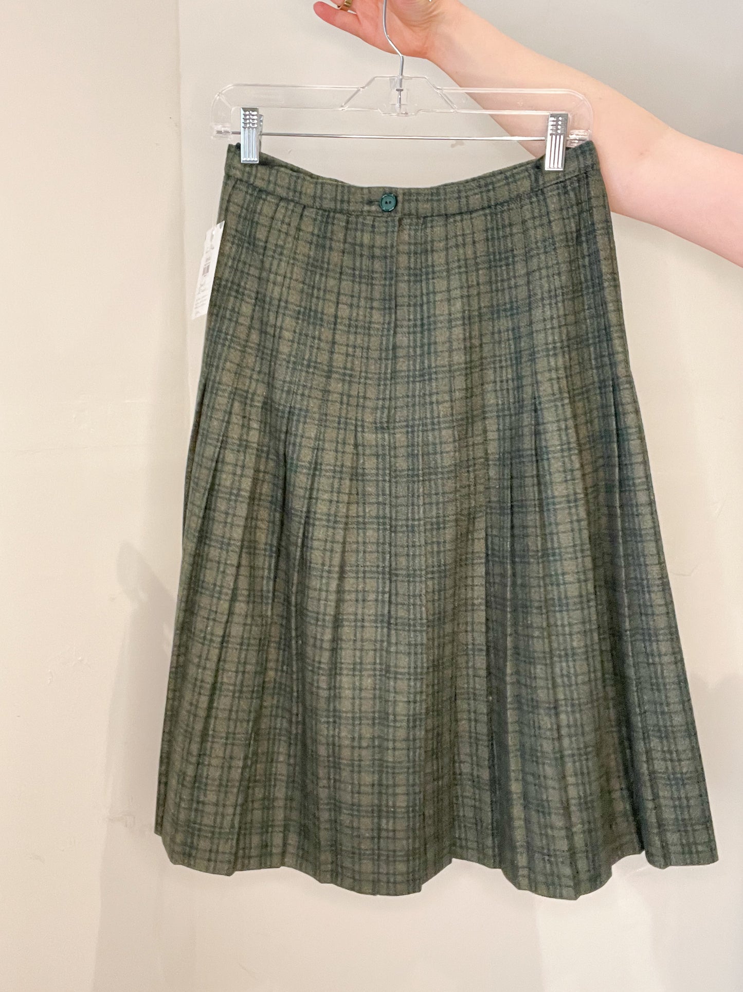 Vintage Dark Green Plaid Pleated Wool Midi A-Line Skirt - Small