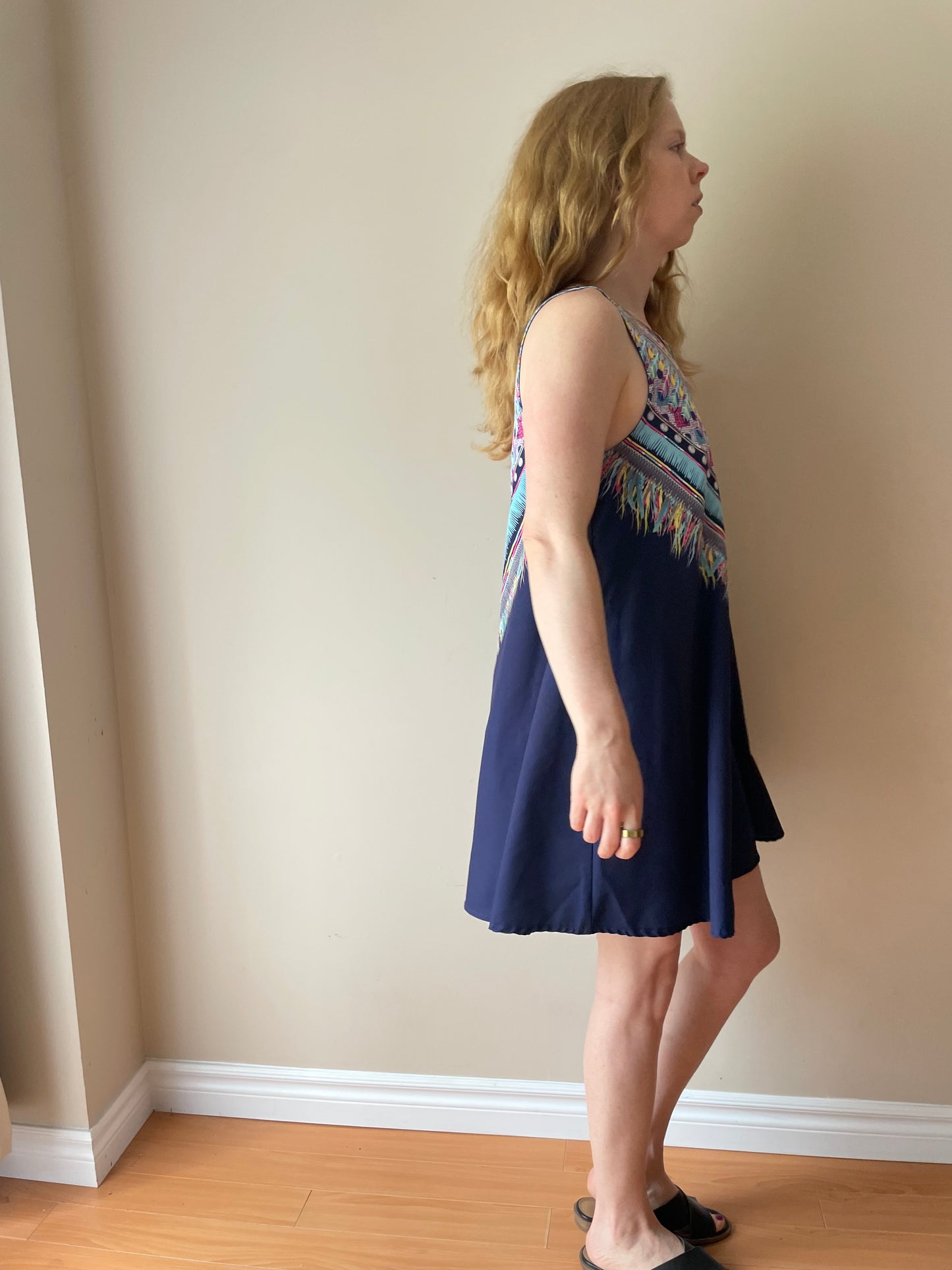 Indikah Navy Blue Sleeveless Mini Dress with Colourful Tribal Print – Size 10