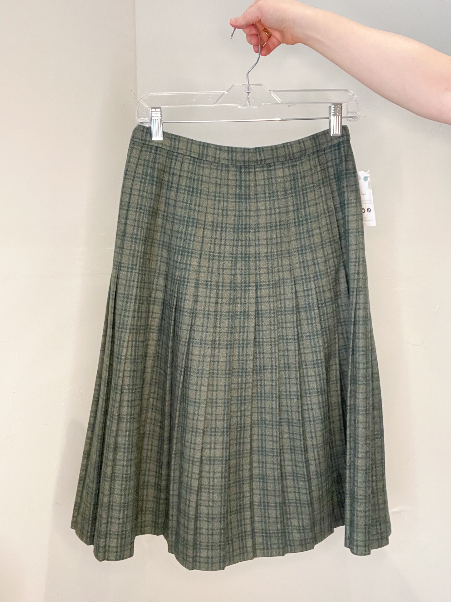 Vintage Dark Green Plaid Pleated Wool Midi A-Line Skirt - Small