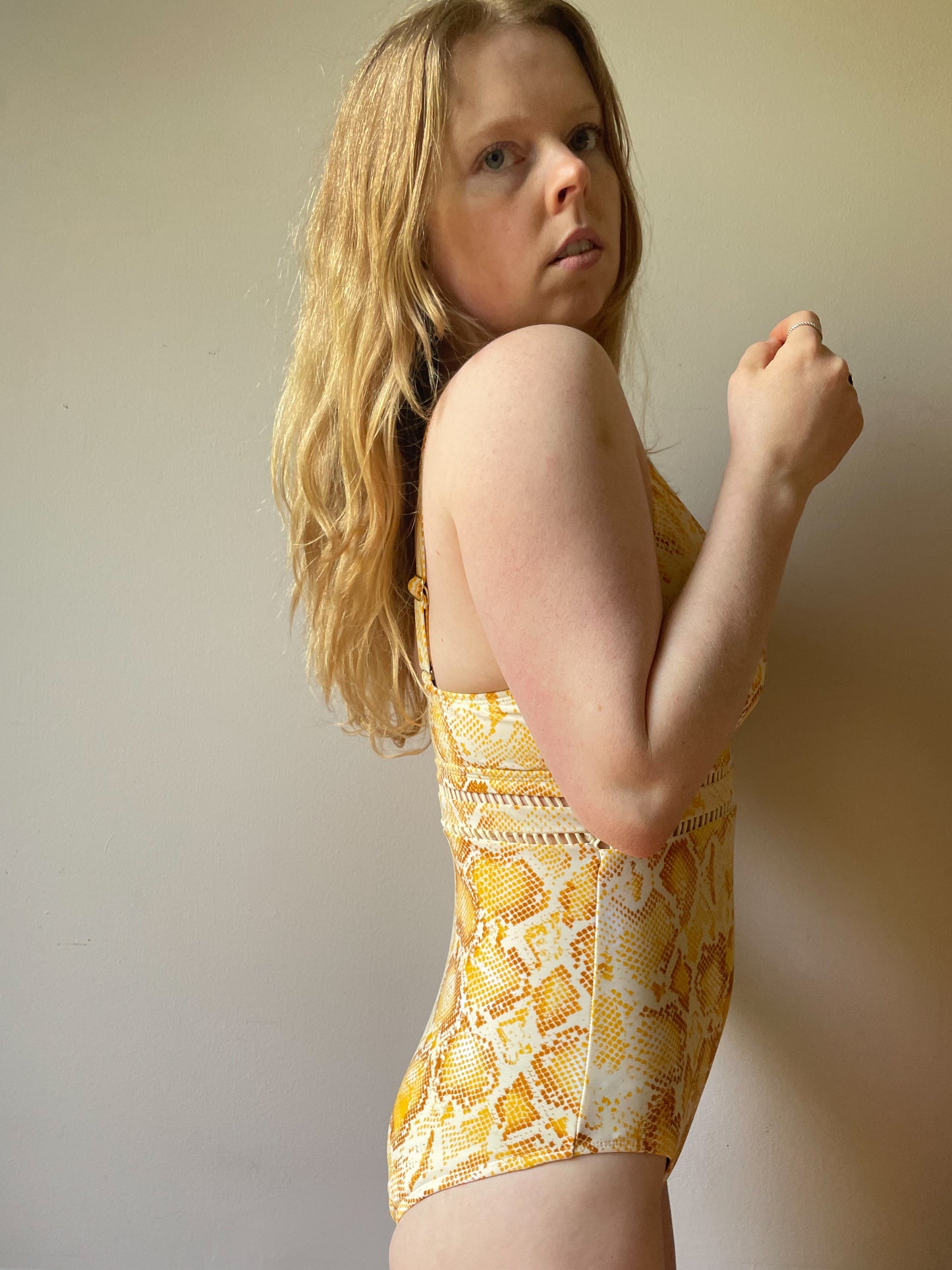 Burnt Orange Cutout V-Neck Snakeprint One Piece Swimsuit Bodysuit NWOT - Size 6