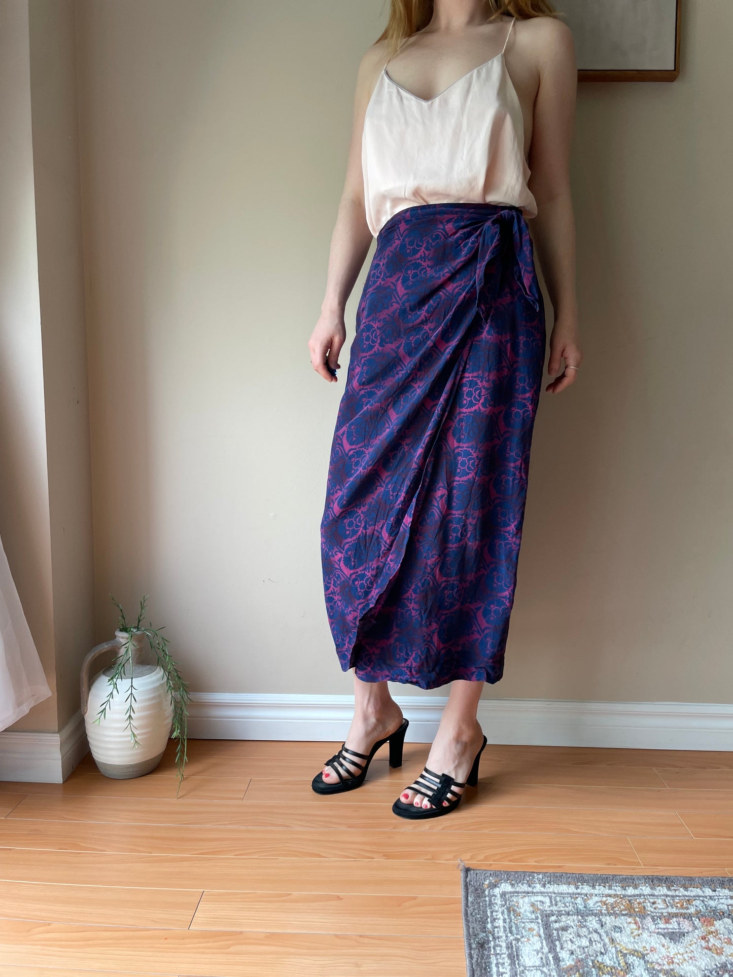 Vintage Rena Rowan 100% Silk Magenta & Navy Wrap Skirt – Small