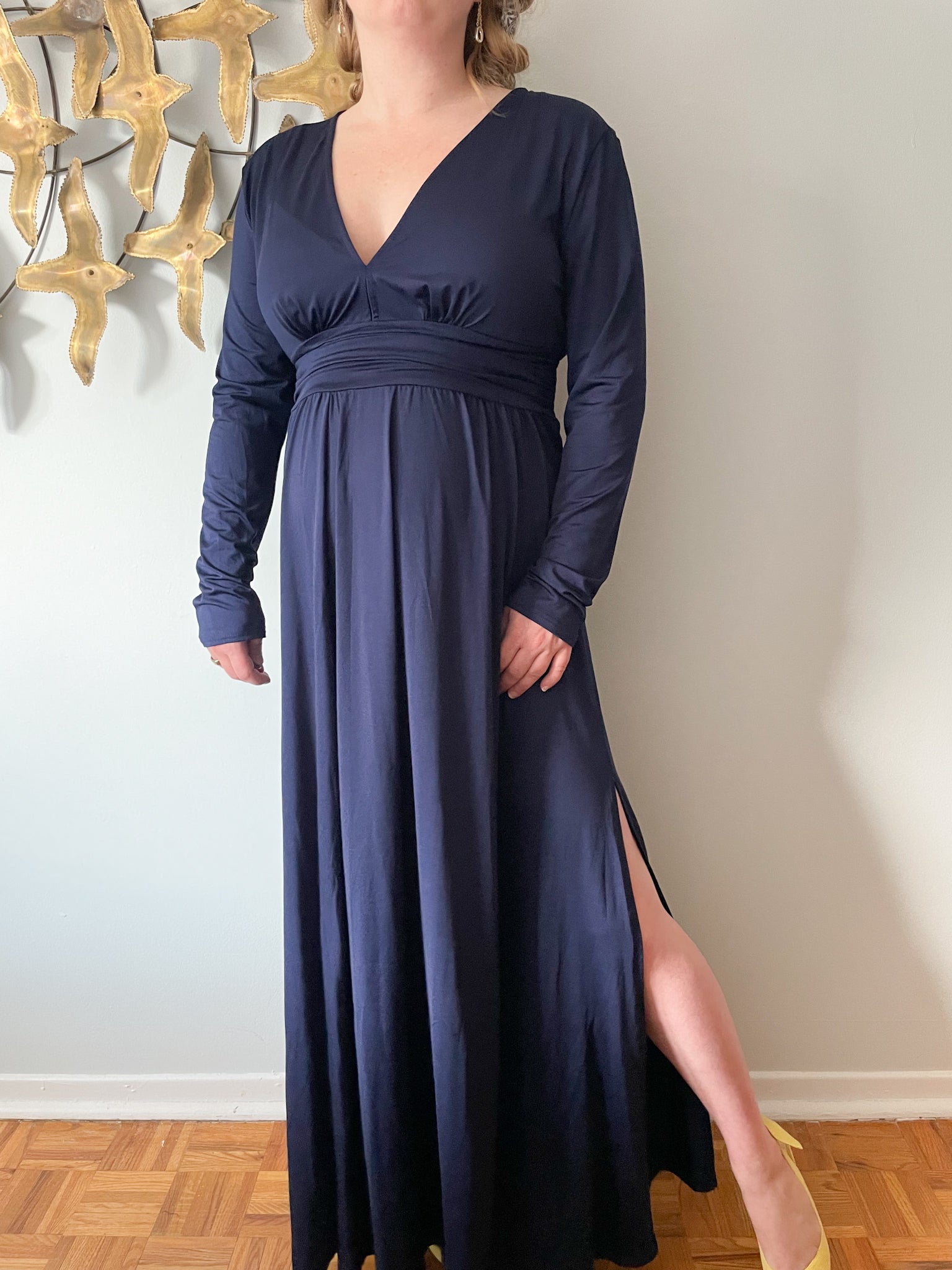 Navy Stretchy Empire Waist Long Sleeved Slit Maxi Gown - XL – Le