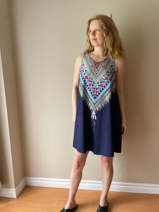 Indikah Navy Blue Sleeveless Mini Dress with Colourful Tribal Print – Size 10