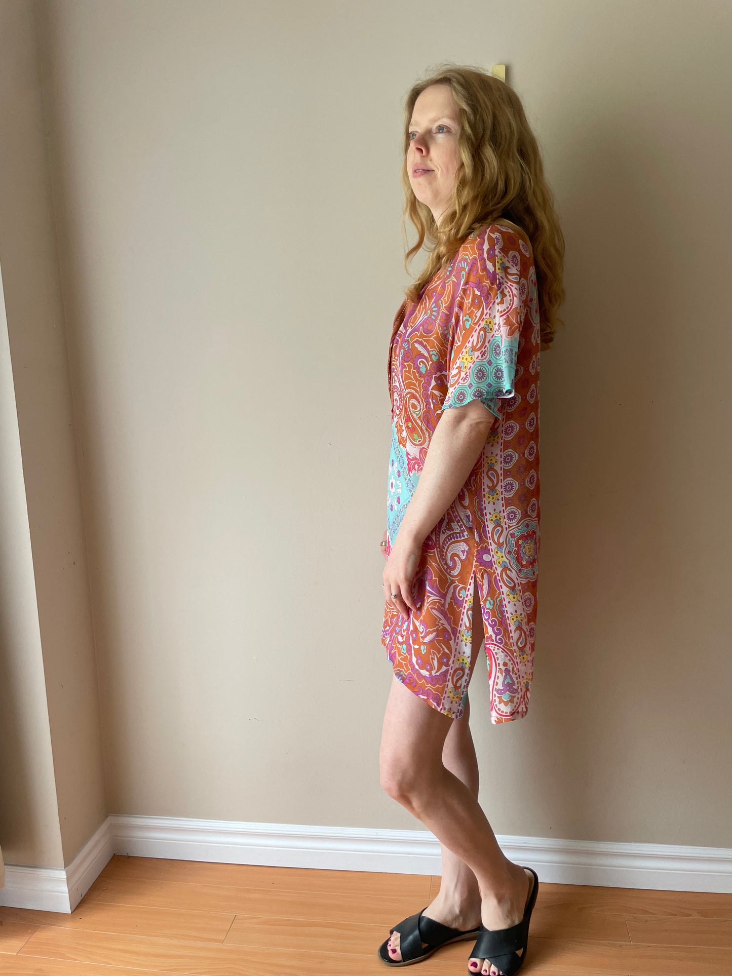 bebe Tangerine Multicolour 100% Silk Boho Paisley Deep V Tunic Dress – Size Medium (NWT)