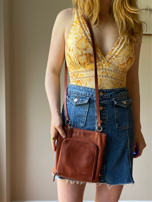 Fossil Cognac Leather Crossbody Bag with Built-in Wallet