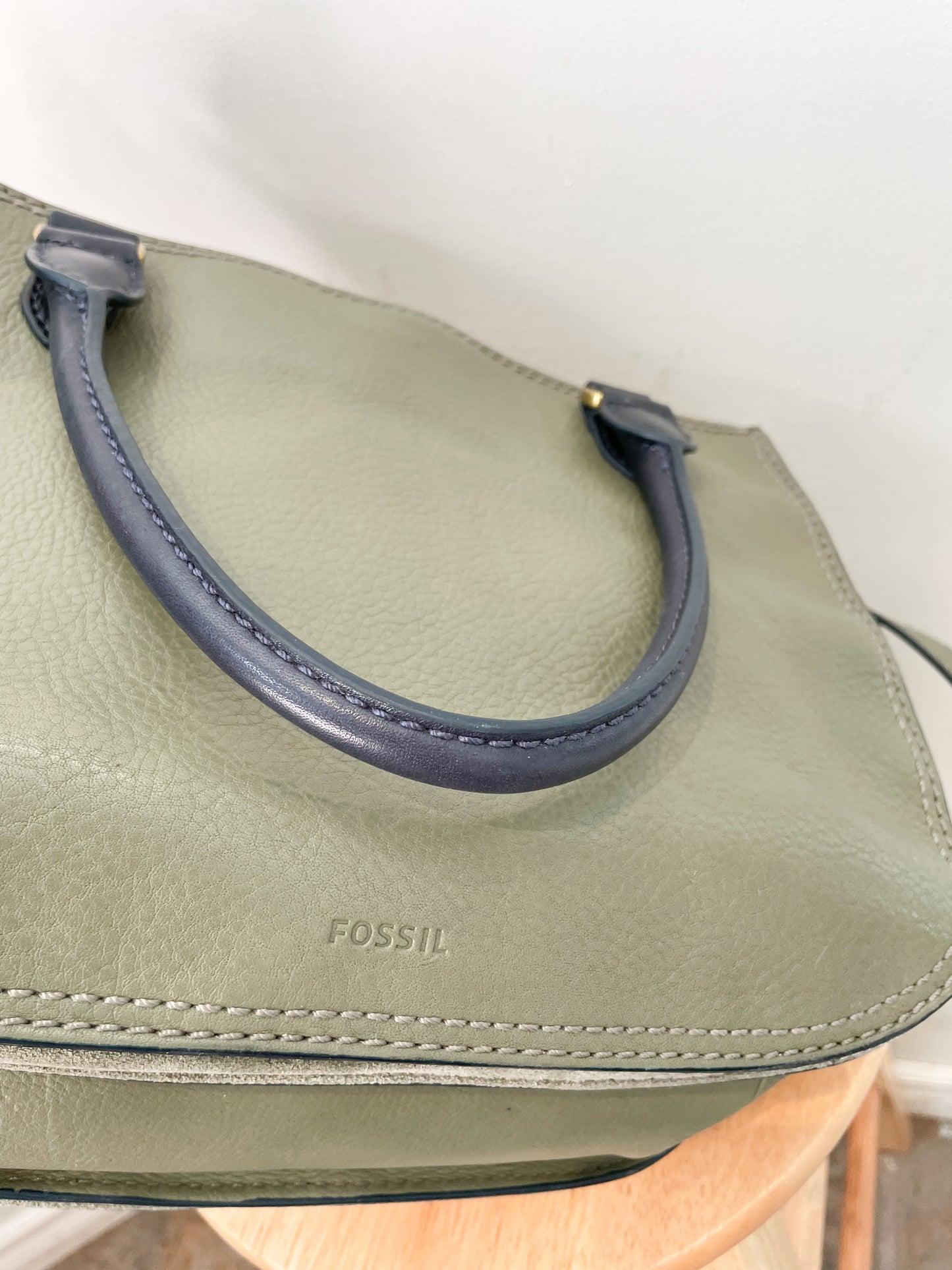 Fossil Olive Navy Dotted Genuine Leather 2-in-1 Satchel Cross Body Bag