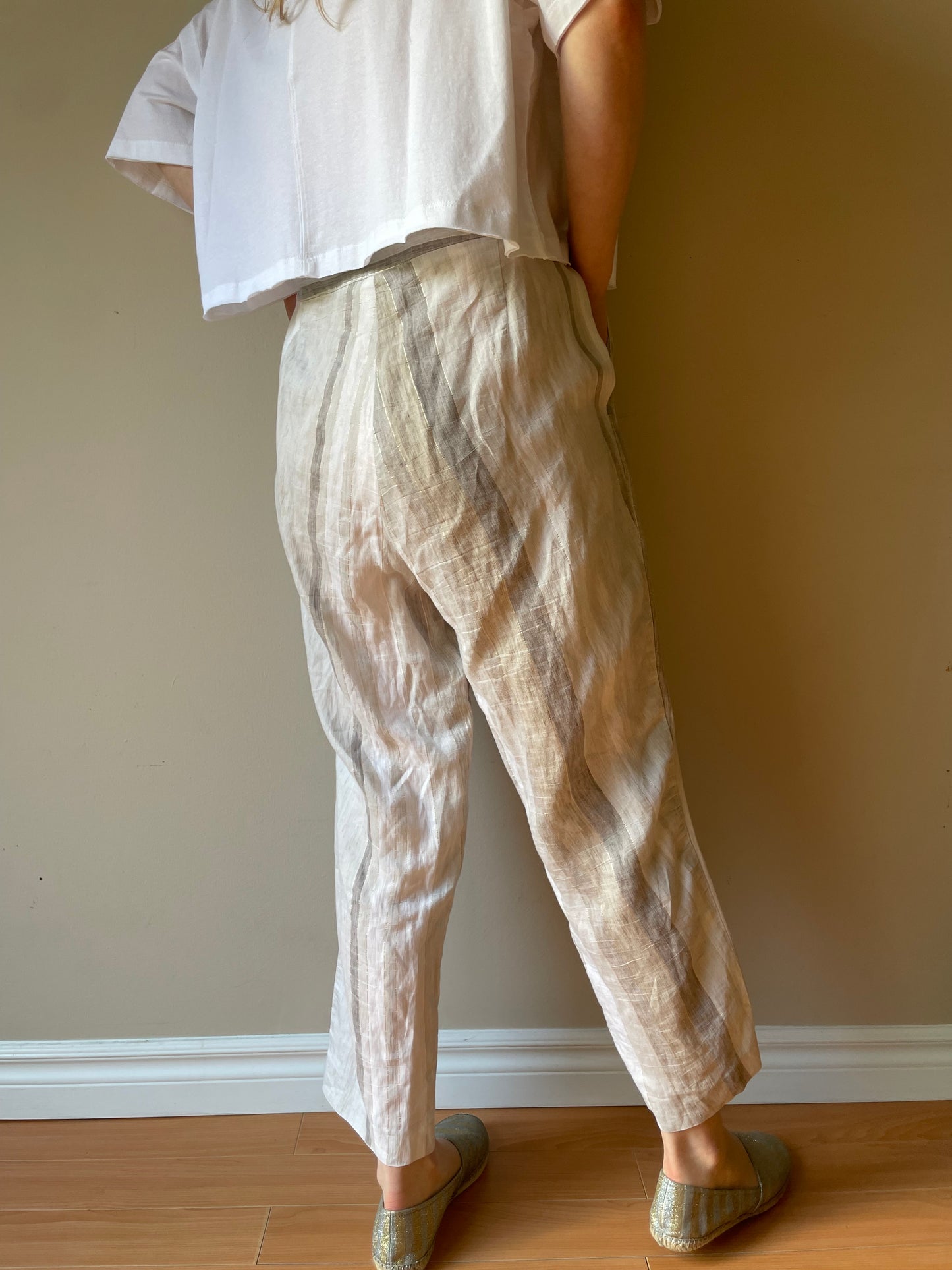 Cannella Beige Metallic Stripe Linen High Rise Cropped Pants - EU 48 (Large)